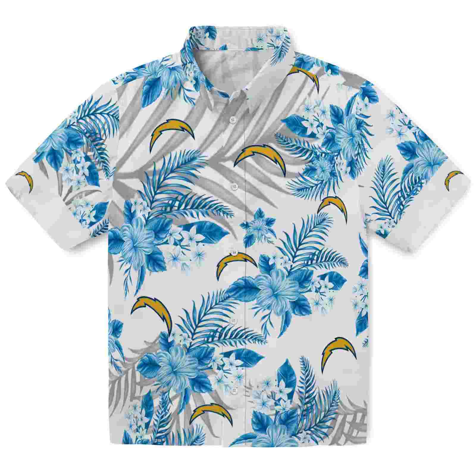 Los Angeles Chargers Hibiscus Palm Leaves Blue White Hawaiian Shirt