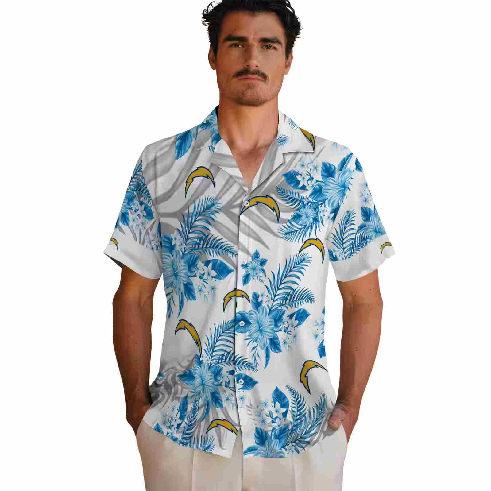 los angeles chargers hibiscus palm leaves blue white hawaiian shirt fashion forward