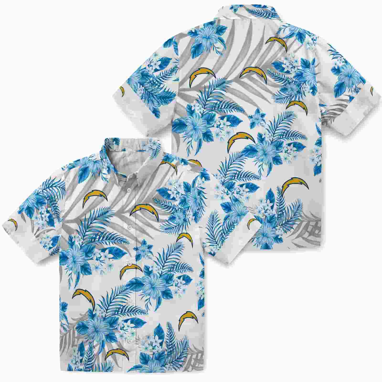 los angeles chargers hibiscus palm leaves blue white hawaiian shirt high quality