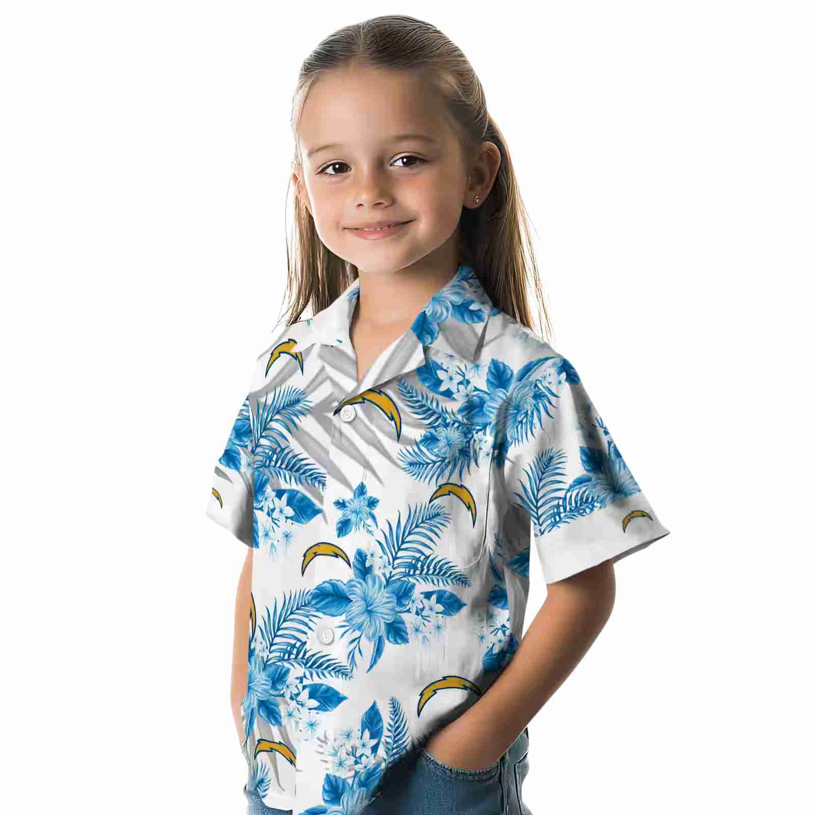 los angeles chargers hibiscus palm leaves blue white hawaiian shirt premium grade