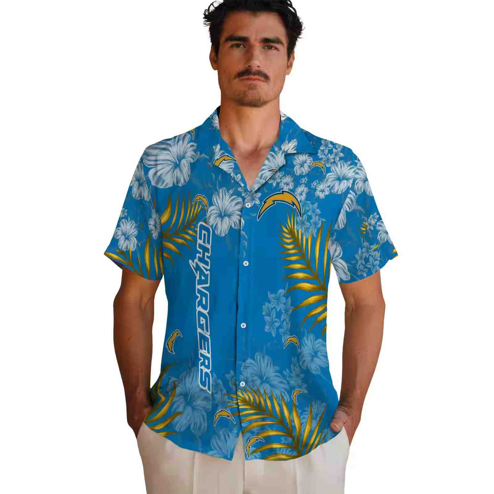 los angeles chargers hibiscus print blue hawaiian shirt fashion forward