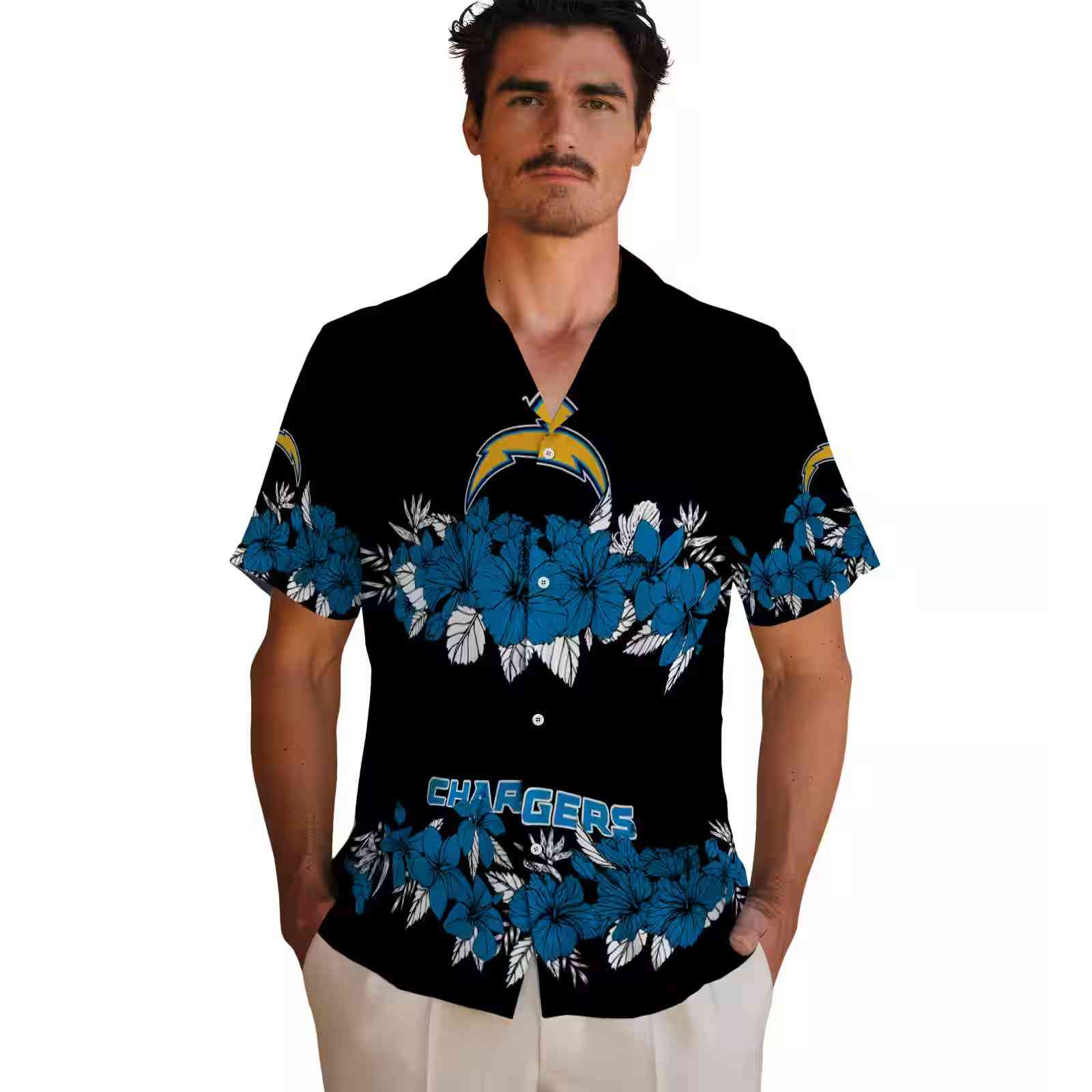 los angeles chargers hibiscus stripe blue black hawaiian shirt fashion forward