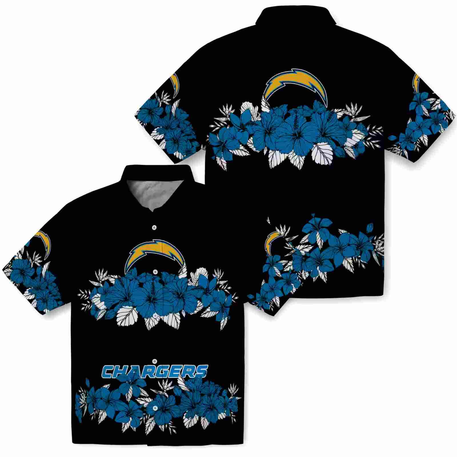 los angeles chargers hibiscus stripe blue black hawaiian shirt high quality