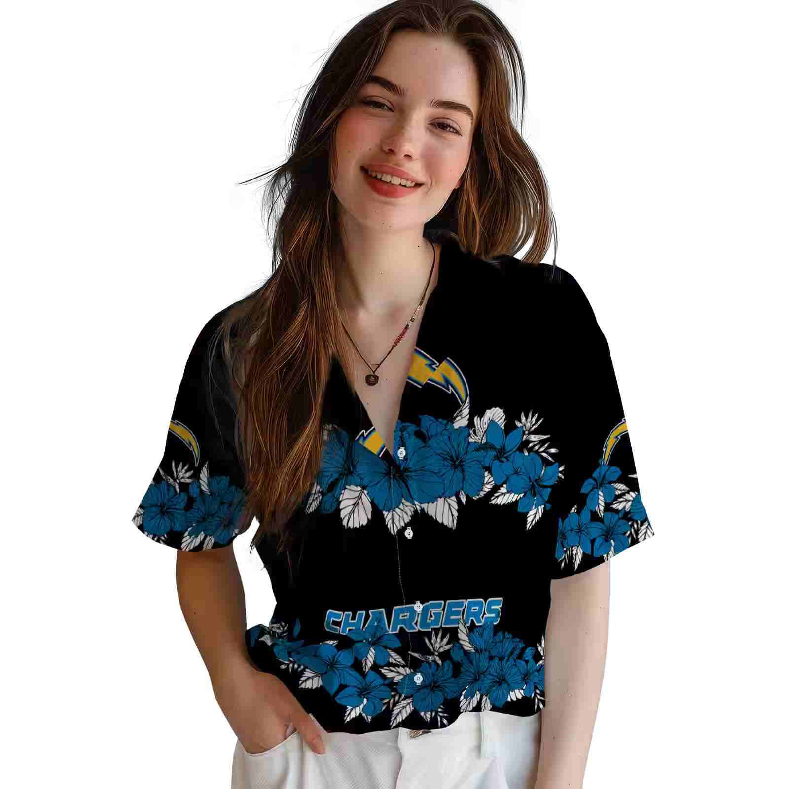 los angeles chargers hibiscus stripe blue black hawaiian shirt latest model