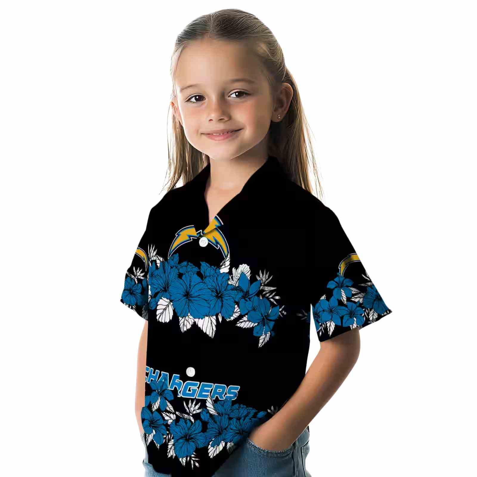 los angeles chargers hibiscus stripe blue black hawaiian shirt premium grade