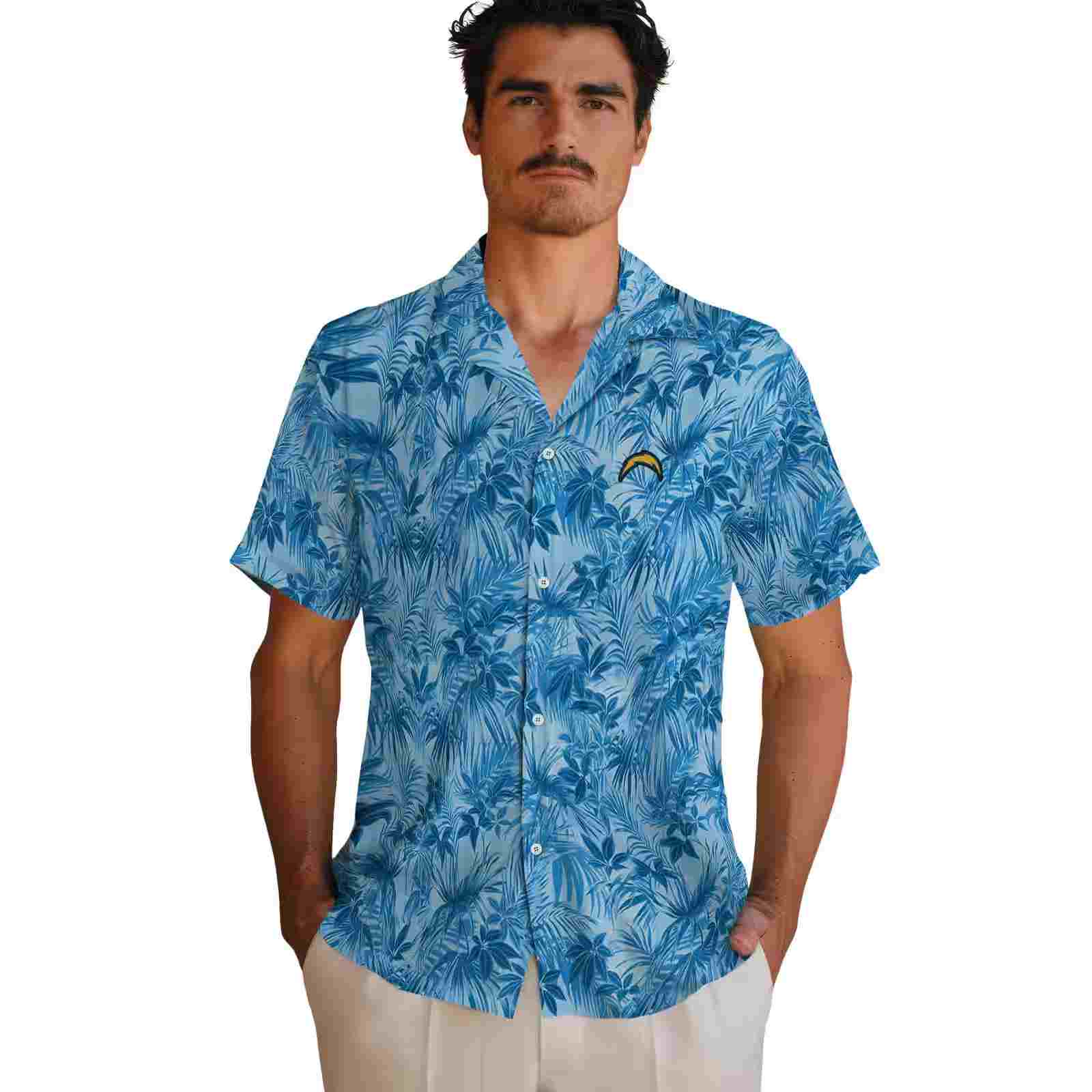 los angeles chargers leafy pattern blue hawaiian shirt fashion forward