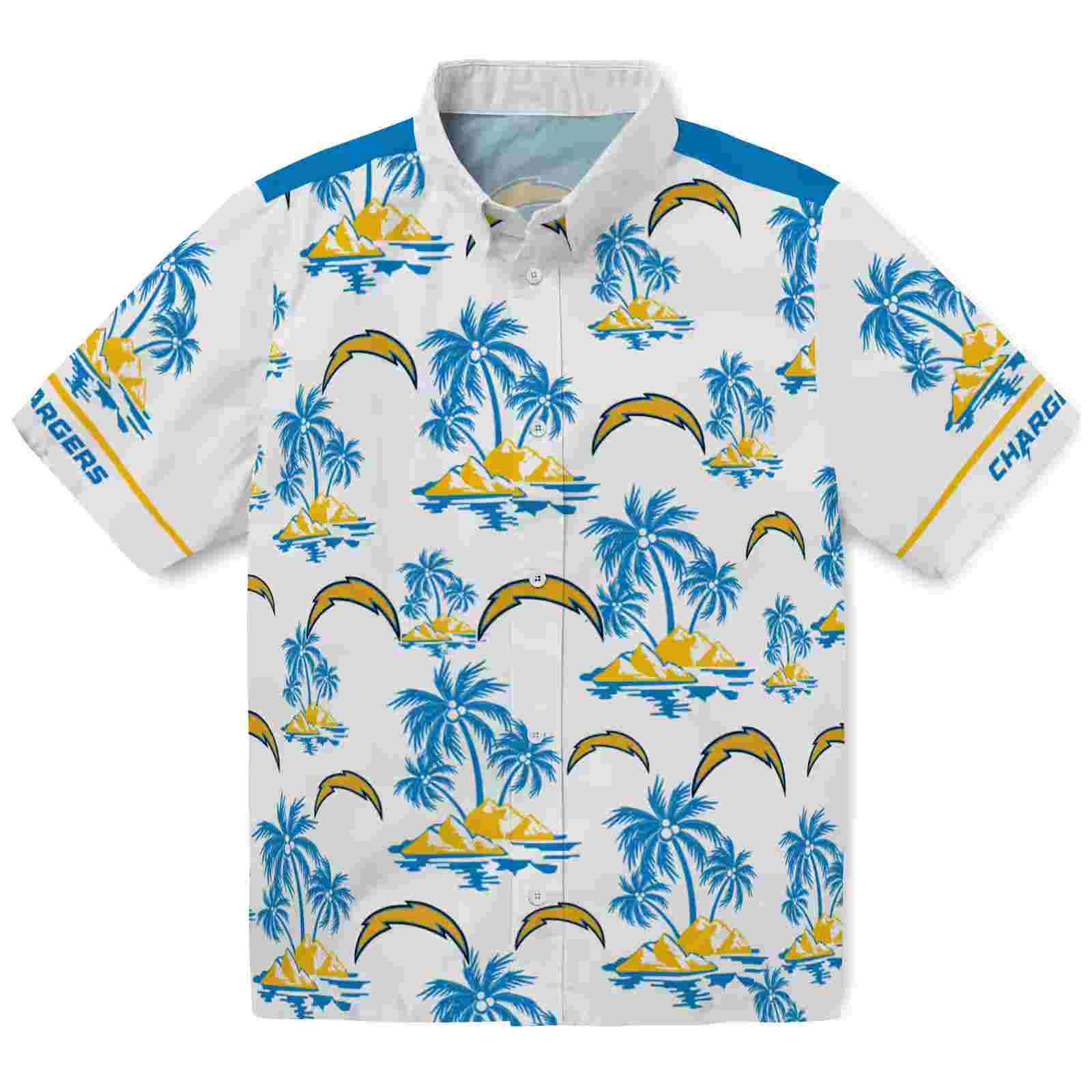 los angeles chargers palm island print blue white hawaiian shirt best selling