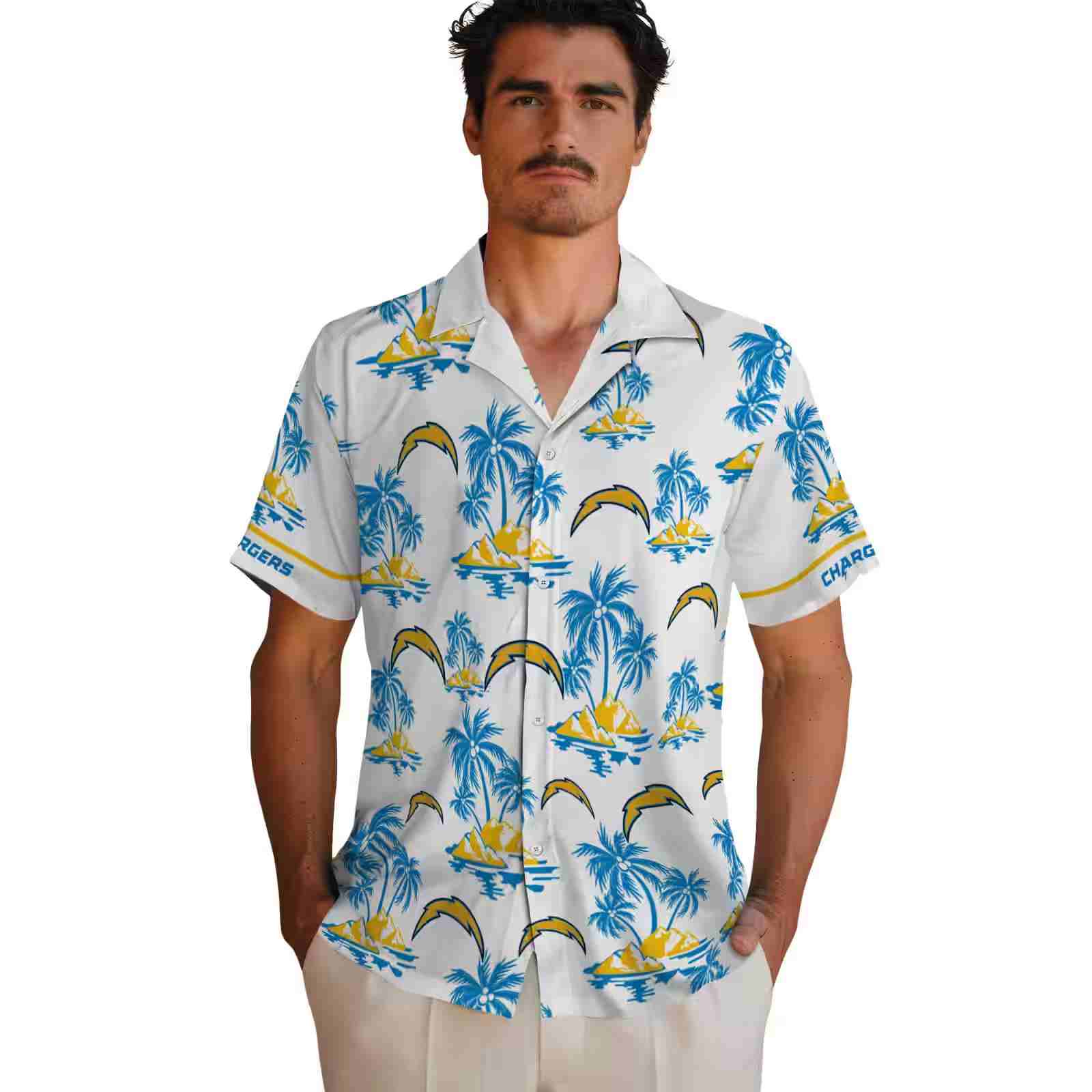 los angeles chargers palm island print blue white hawaiian shirt fashion forward