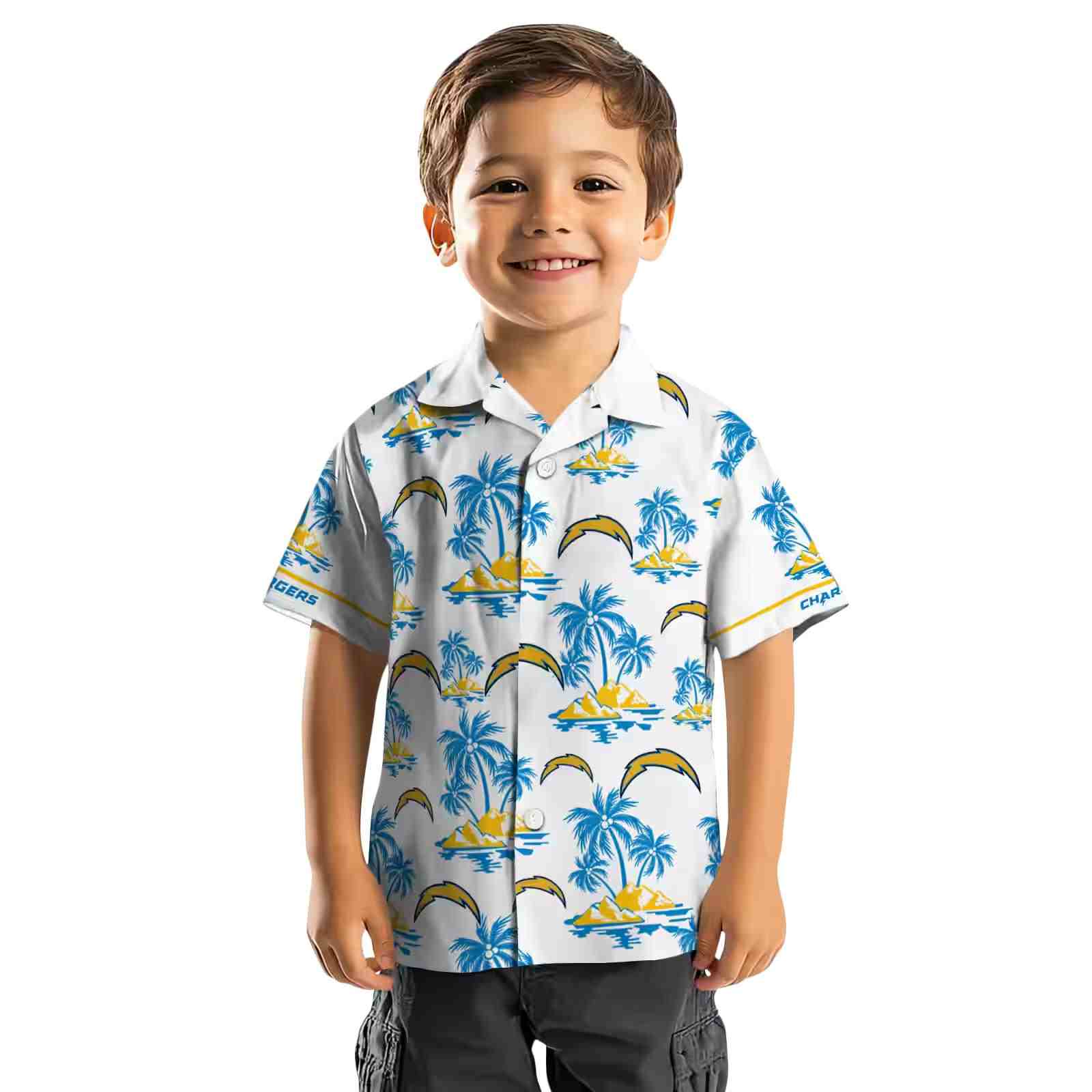 los angeles chargers palm island print blue white hawaiian shirt top rated