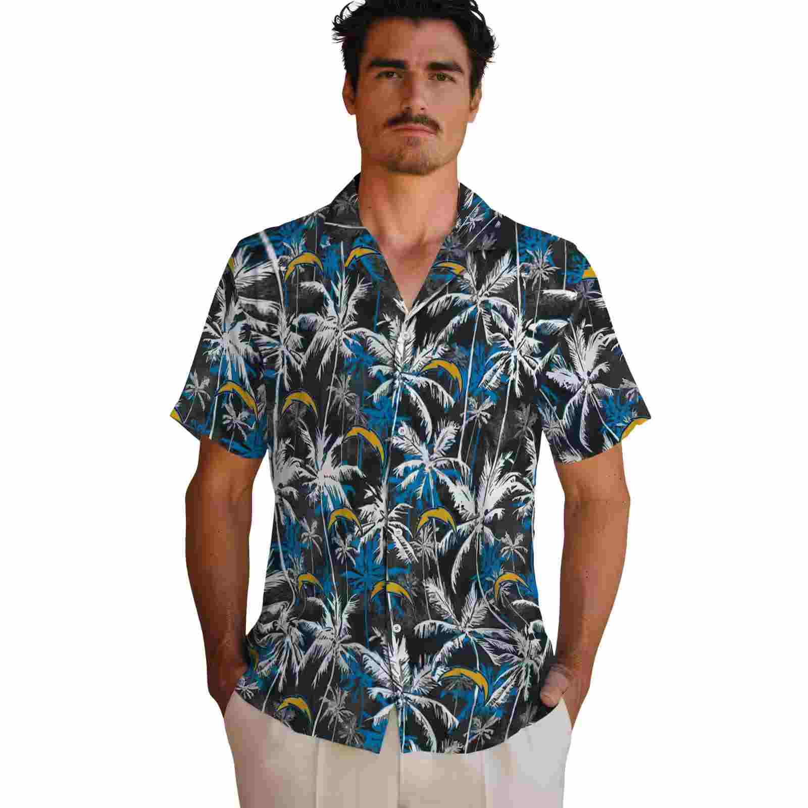 los angeles chargers palm pattern blue black hawaiian shirt fashion forward