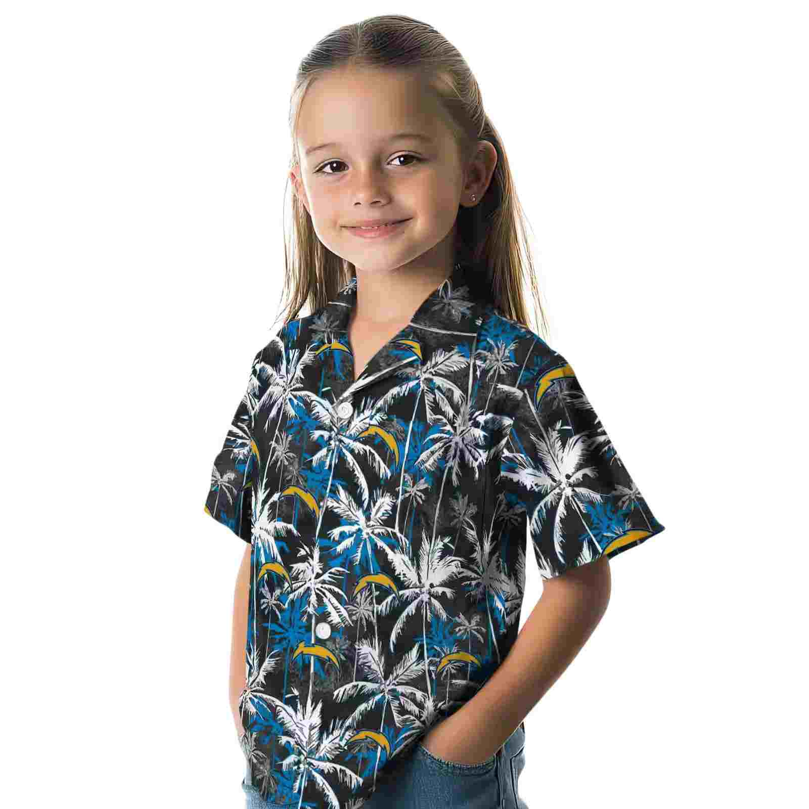 los angeles chargers palm pattern blue black hawaiian shirt premium grade