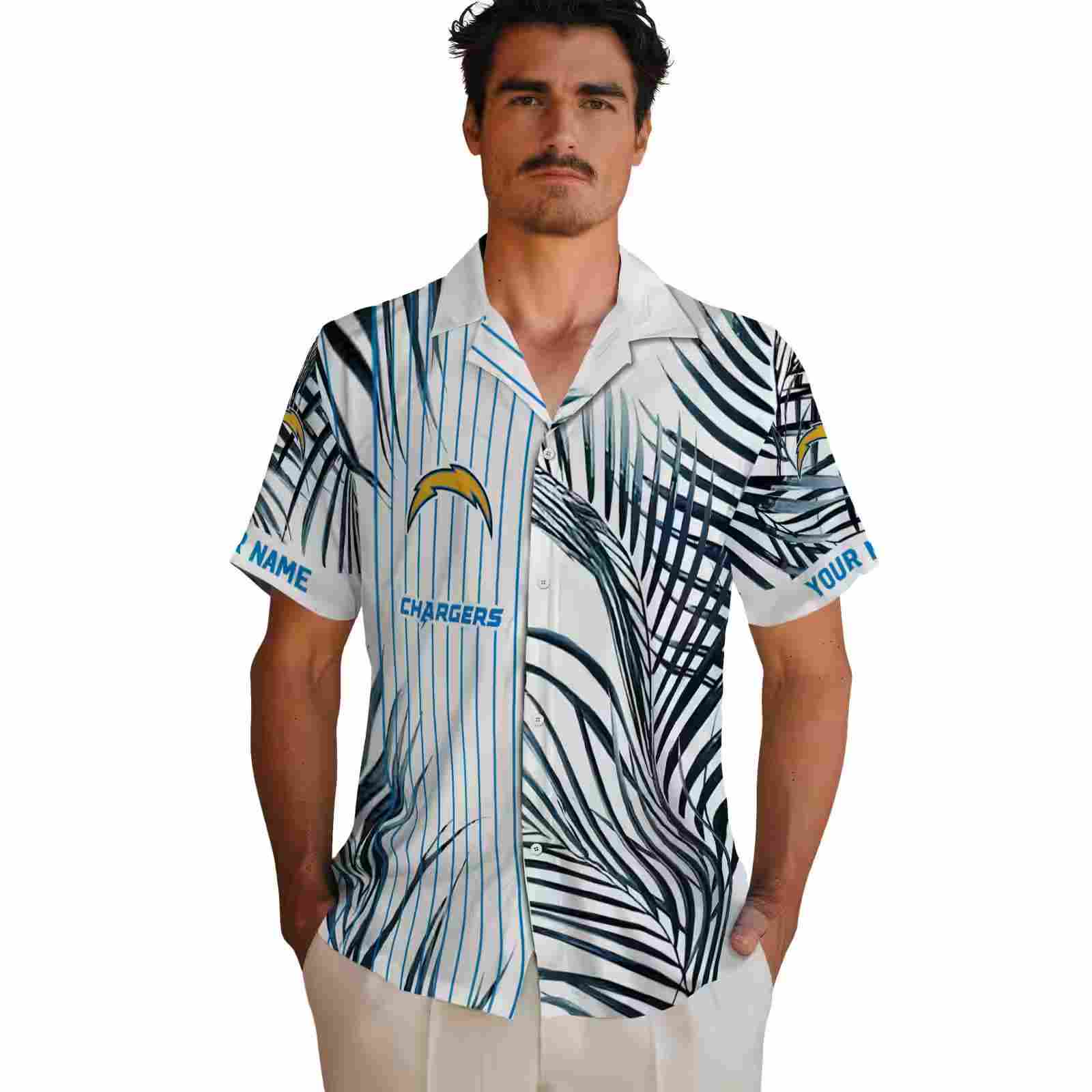 los angeles chargers palm stripes blue black white hawaiian shirt fashion forward