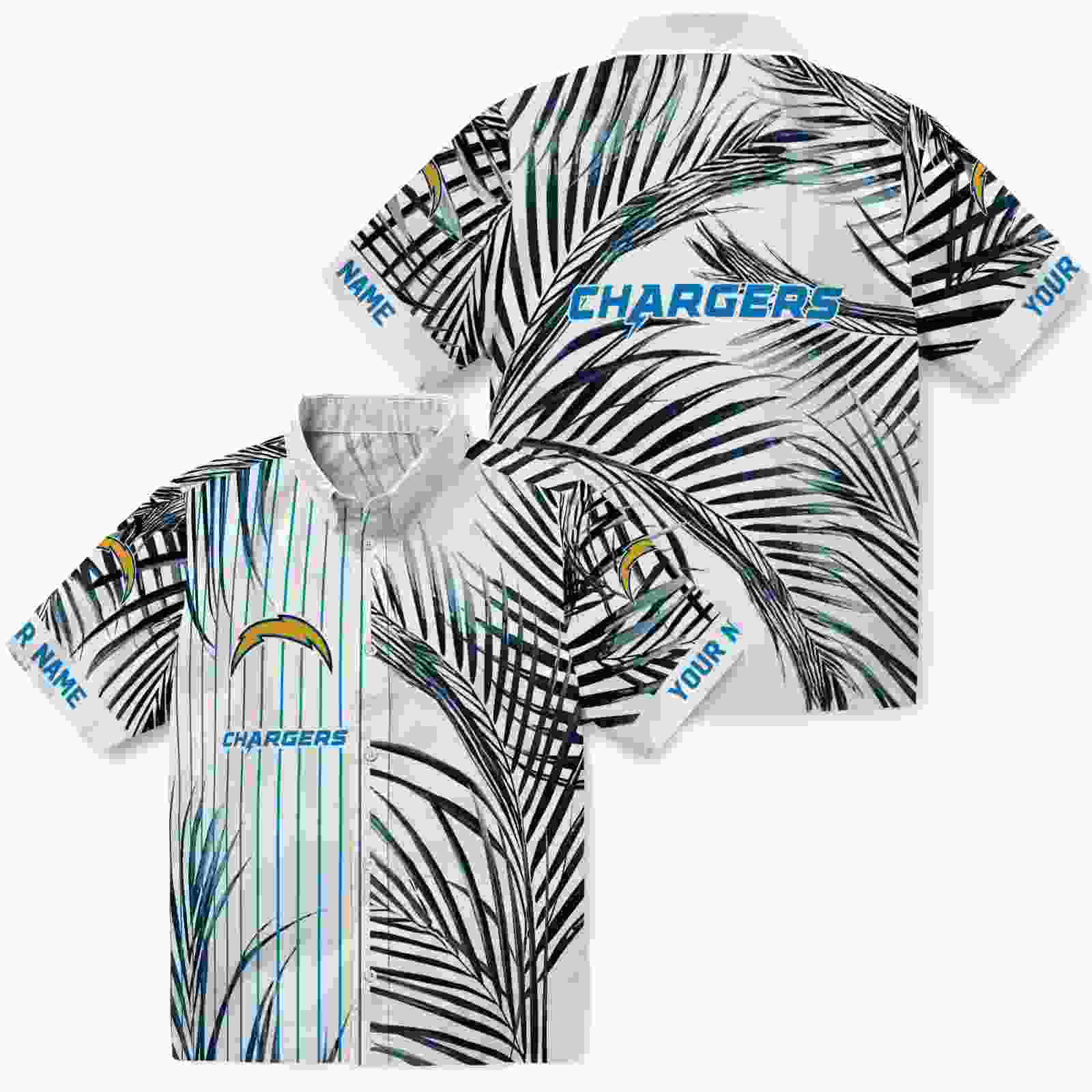 los angeles chargers palm stripes blue black white hawaiian shirt high quality