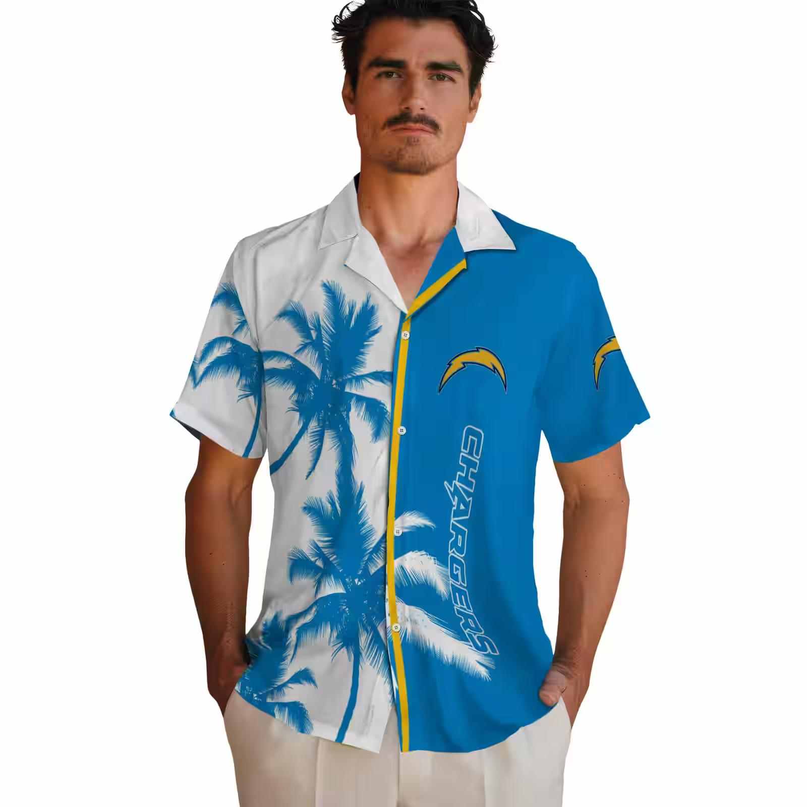 los angeles chargers palm trees blue white hawaiian shirt fashion forward