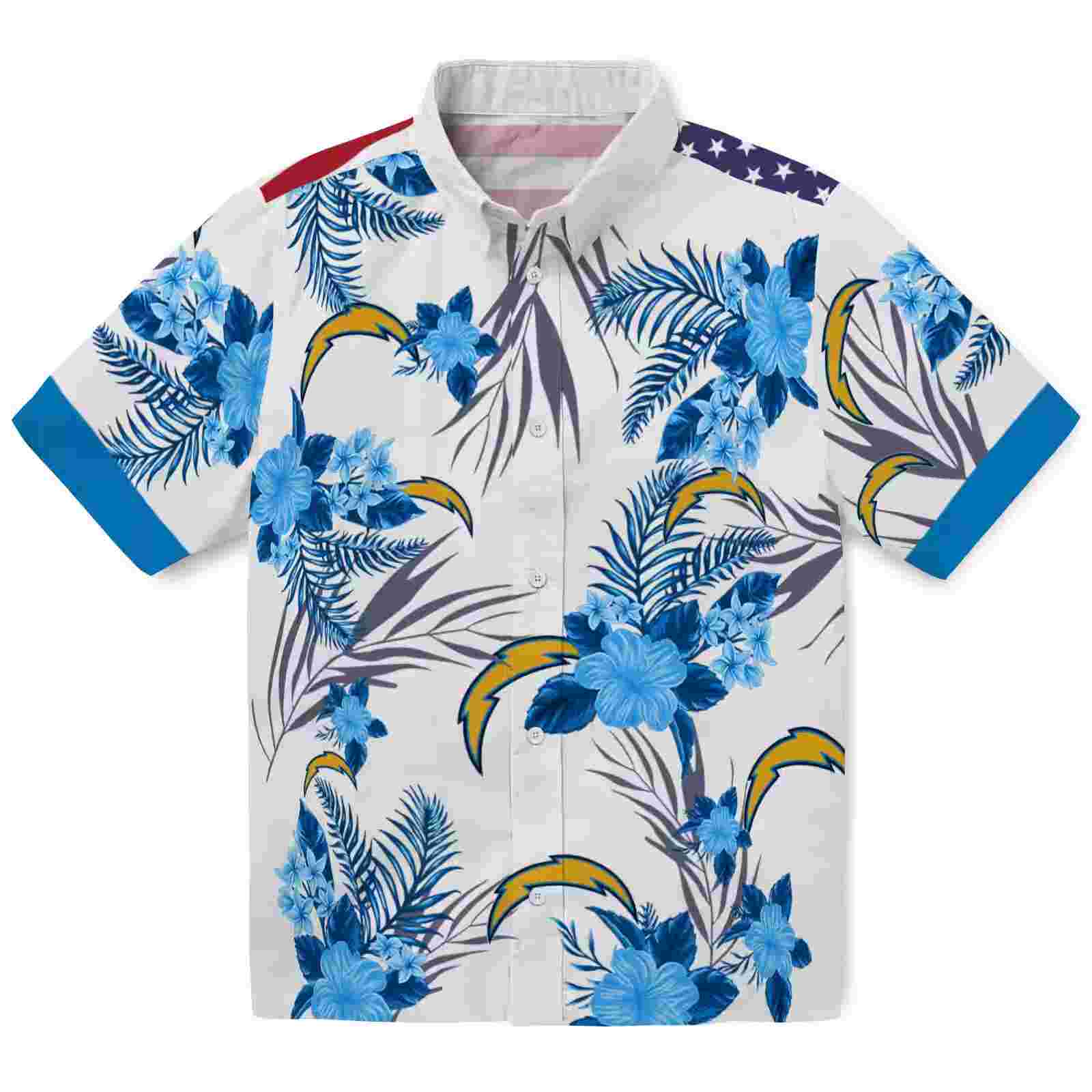 los angeles chargers patriotic hibiscus design blue white hawaiian shirt best selling