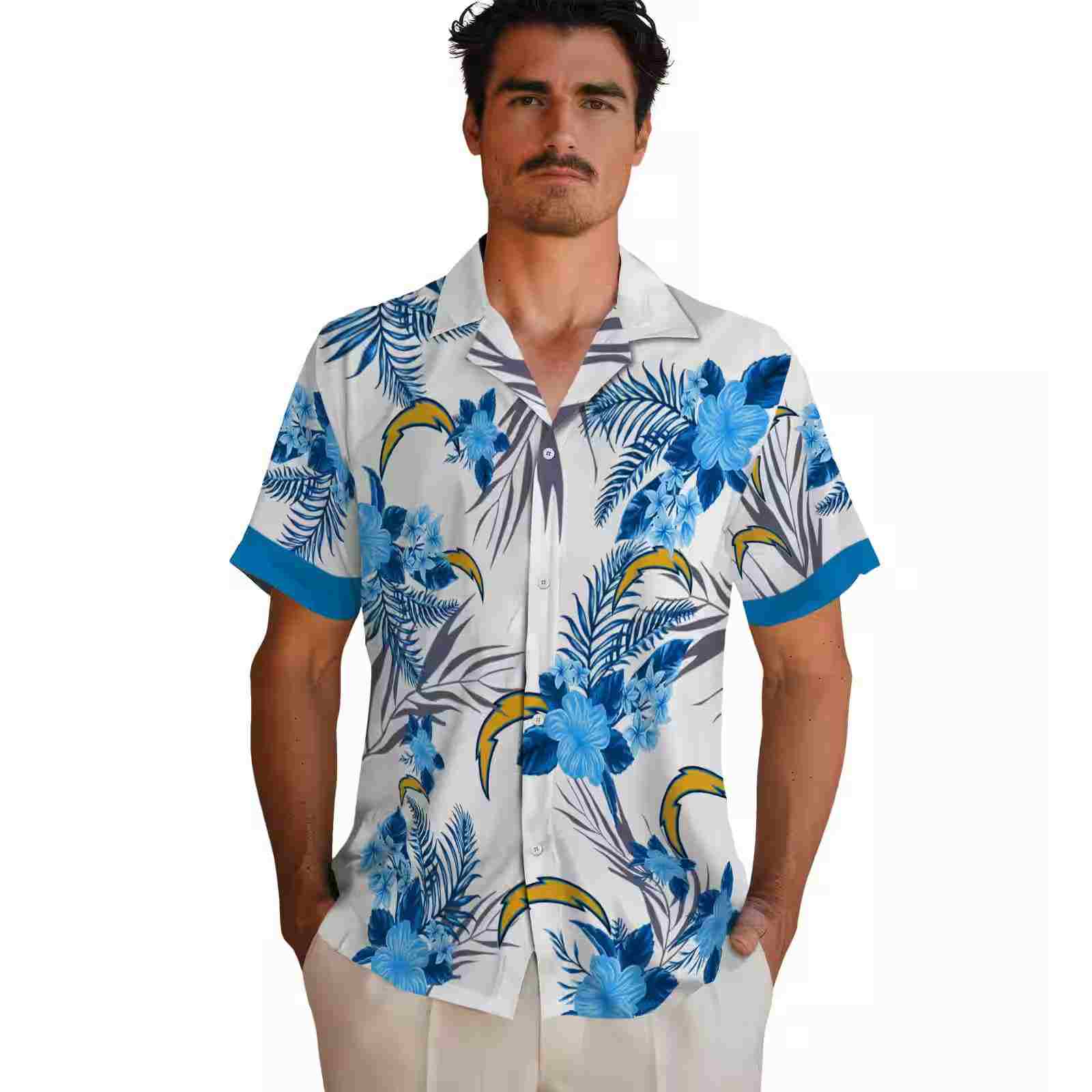 los angeles chargers patriotic hibiscus design blue white hawaiian shirt fashion forward