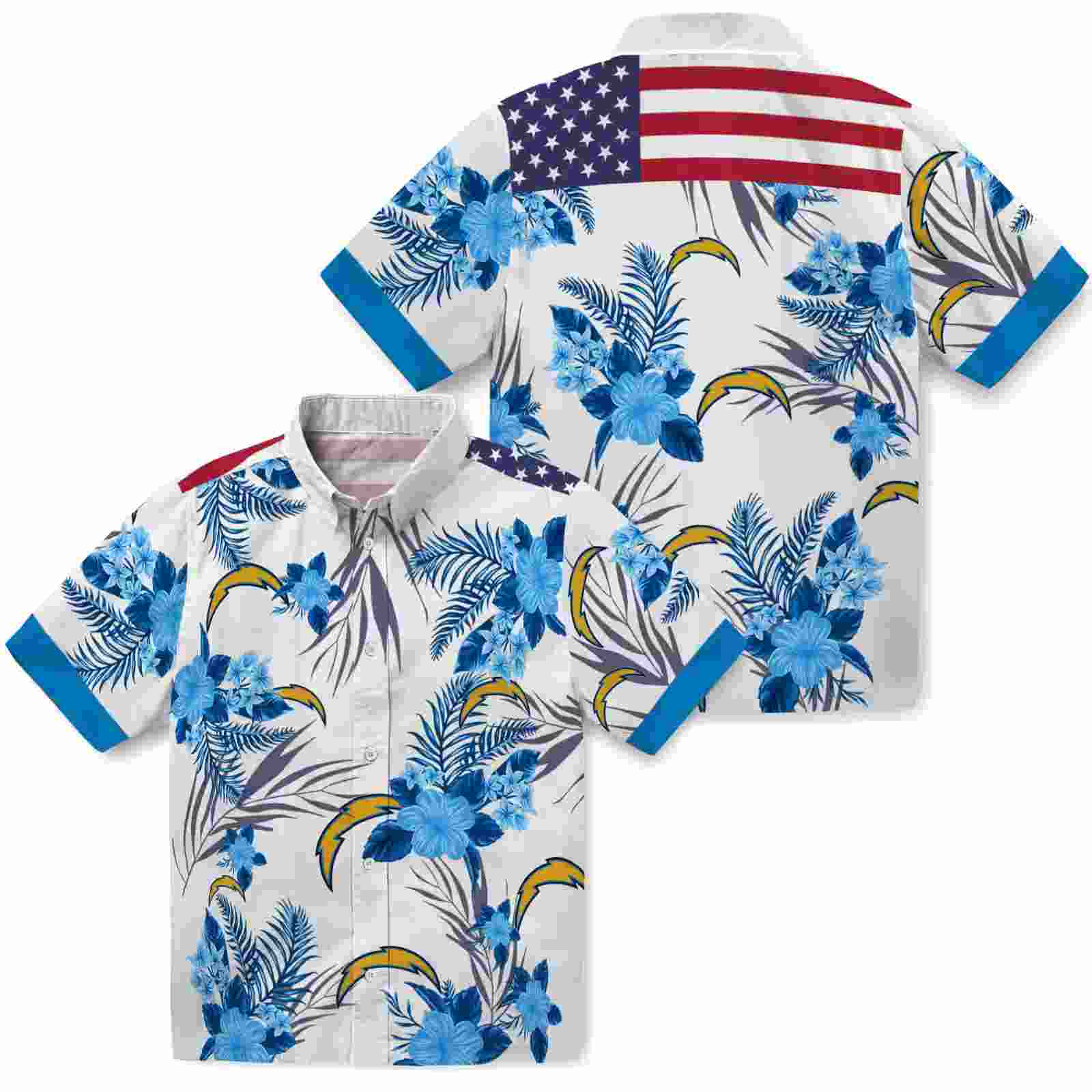 los angeles chargers patriotic hibiscus design blue white hawaiian shirt high quality