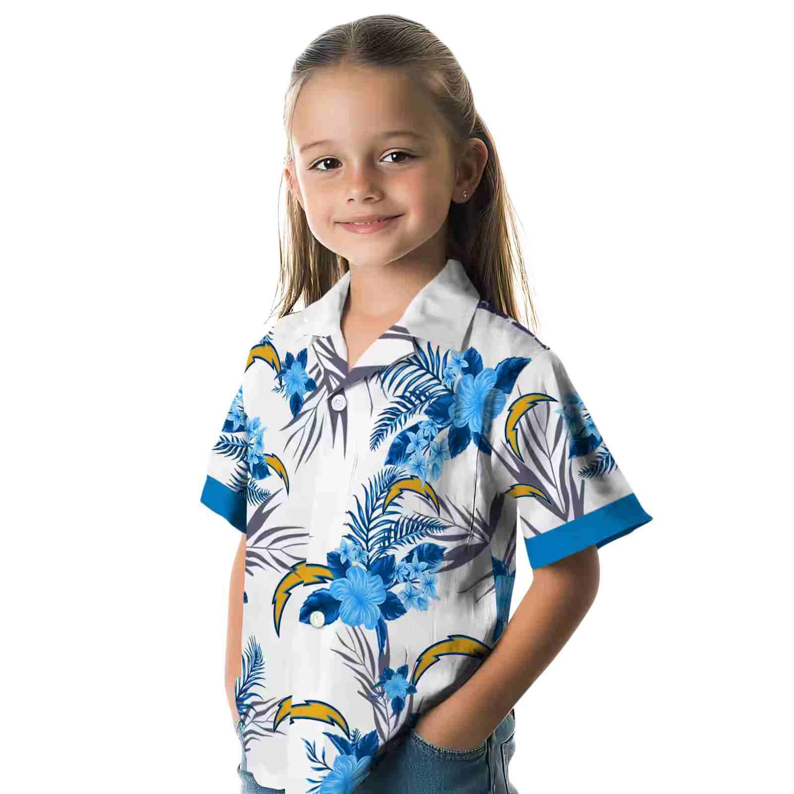 los angeles chargers patriotic hibiscus design blue white hawaiian shirt premium grade