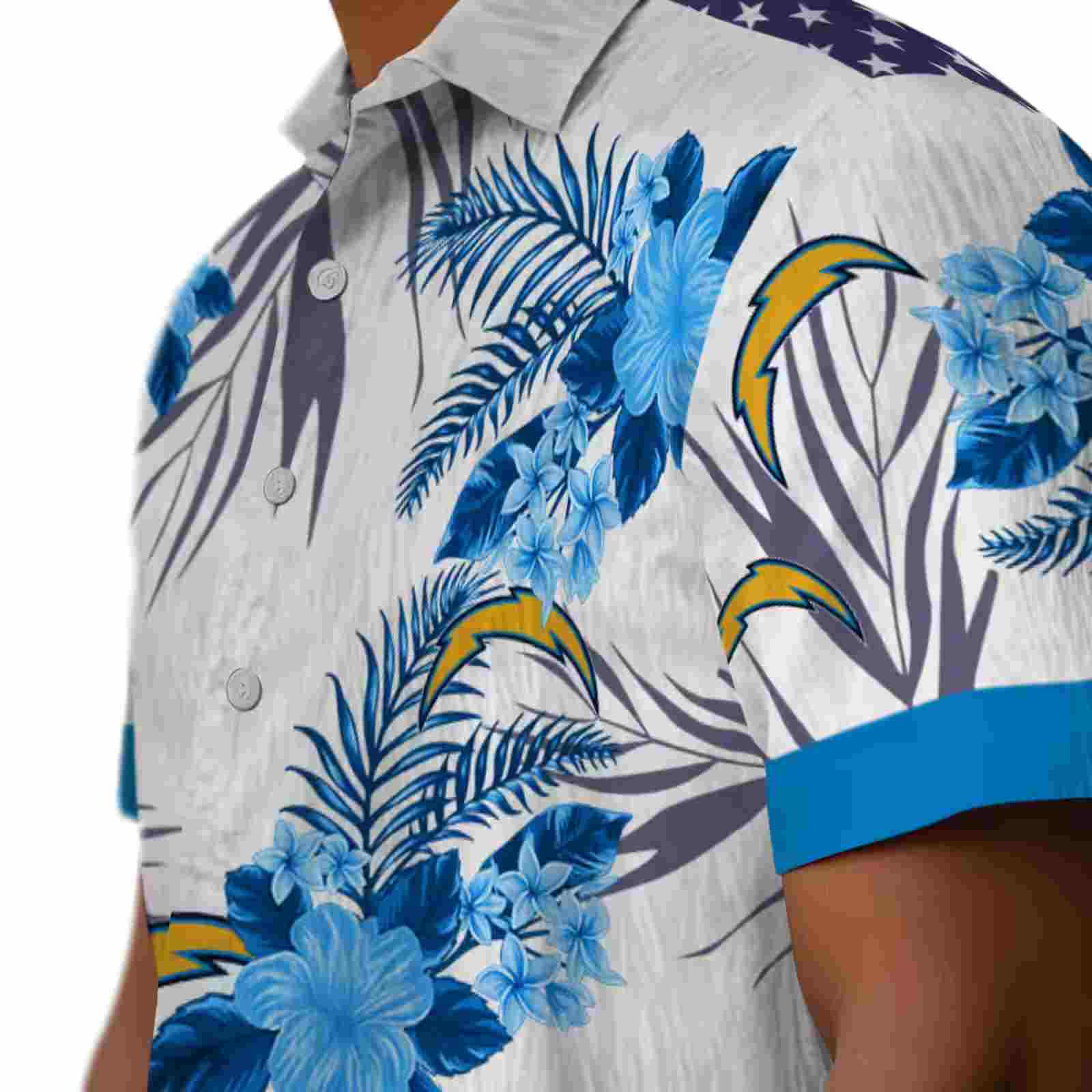 los angeles chargers patriotic hibiscus design blue white hawaiian shirt trendy