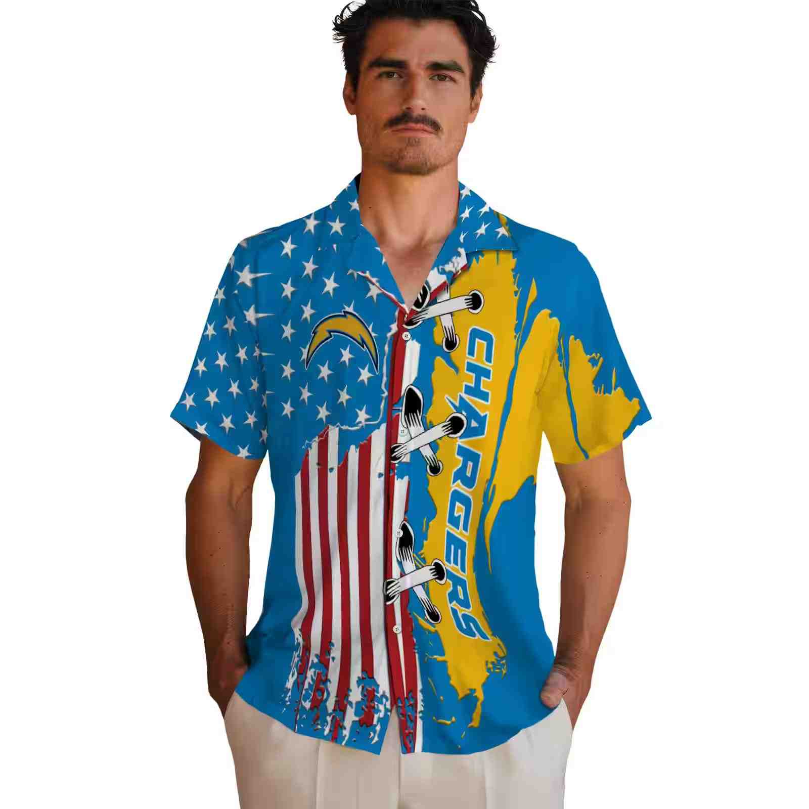 los angeles chargers stitched flag blue hawaiian shirt fashion forward