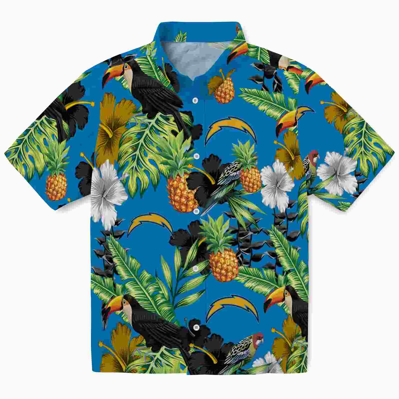 Los Angeles Chargers Toucan Hibiscus Pineapple Blue Green Hawaiian Shirt