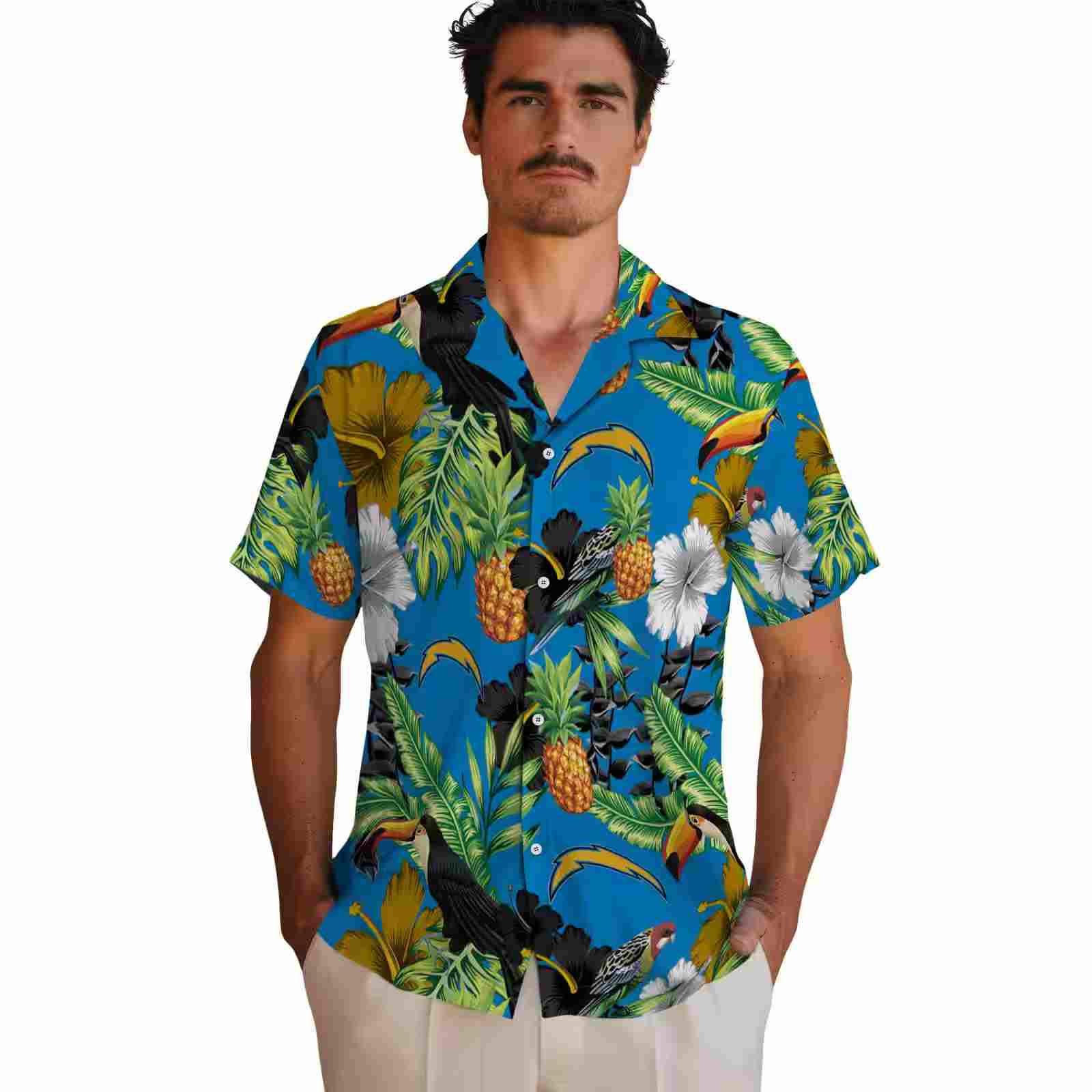 los angeles chargers toucan hibiscus pineapple blue green hawaiian shirt fashion forward