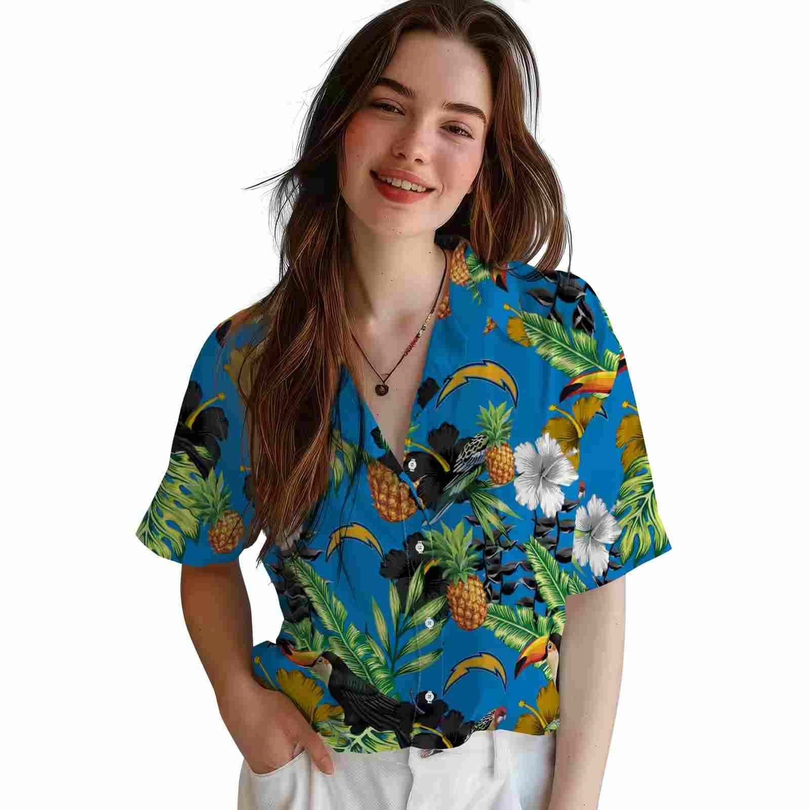 los angeles chargers toucan hibiscus pineapple blue green hawaiian shirt latest model