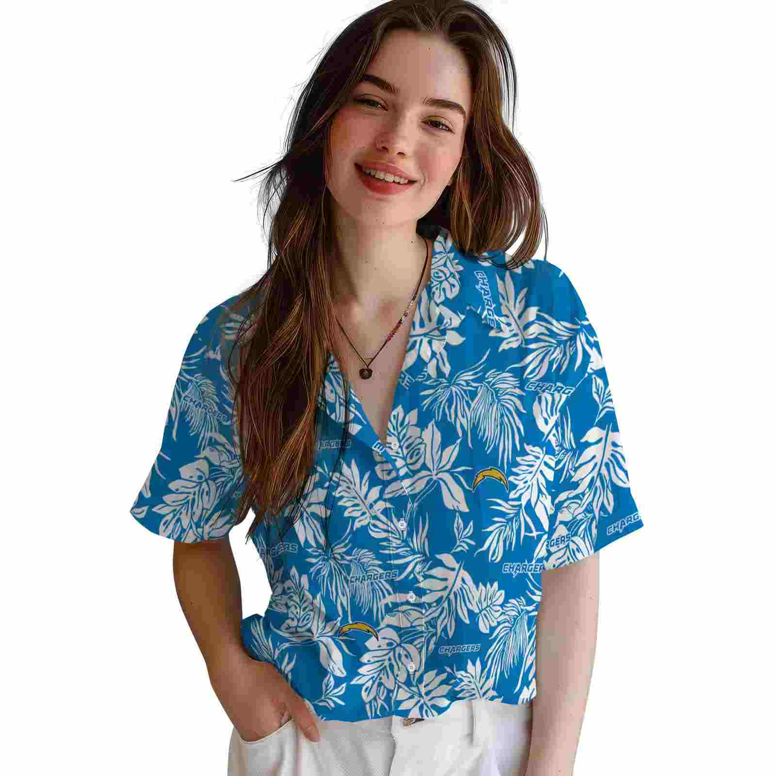 los angeles chargers tropical leaf blue white hawaiian shirt latest model