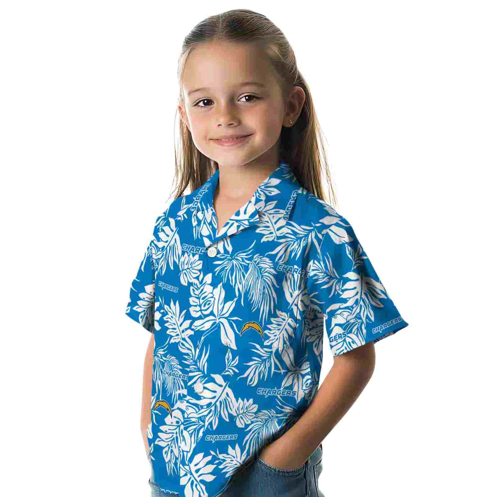 los angeles chargers tropical leaf blue white hawaiian shirt premium grade