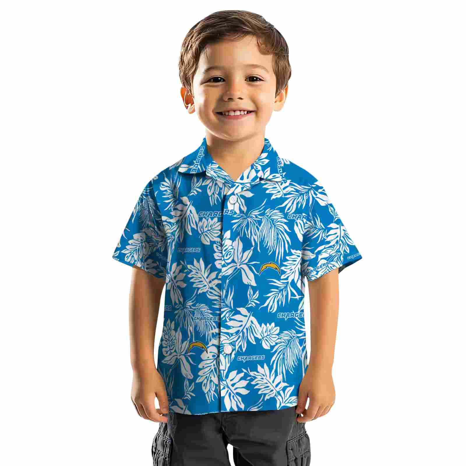 los angeles chargers tropical leaf blue white hawaiian shirt top rated