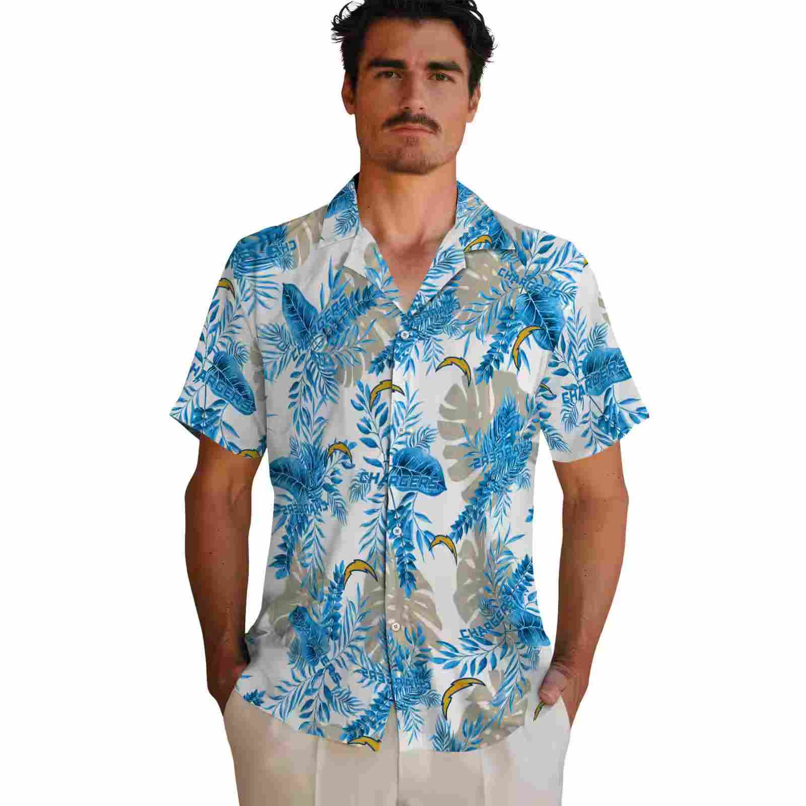 los angeles chargers tropical leaves blue white hawaiian shirt fashion forward