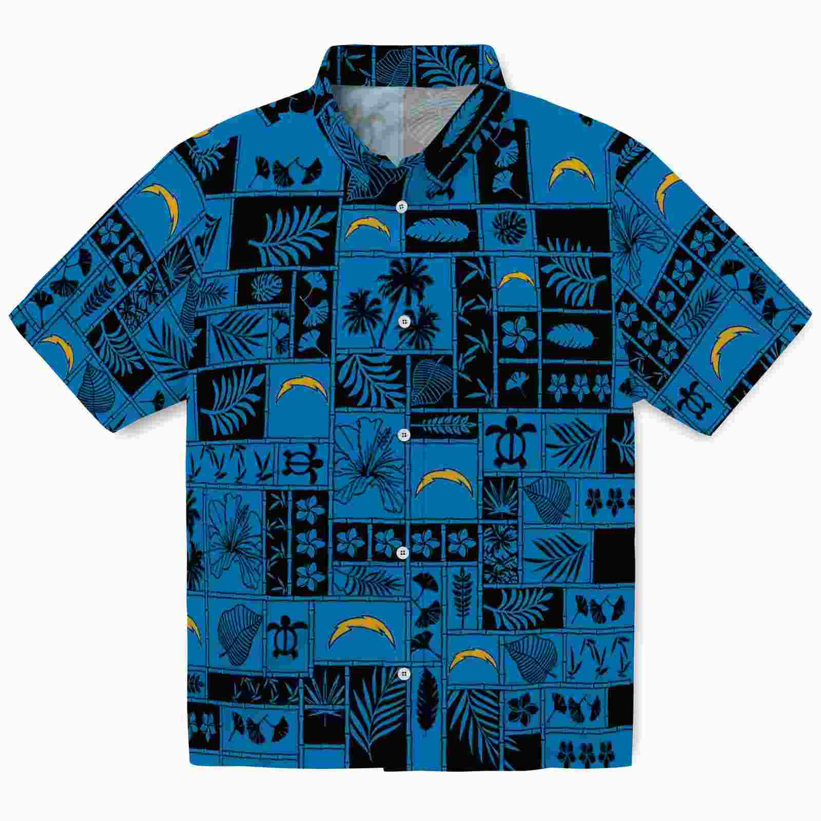 los angeles chargers tropical patchwork blue black hawaiian shirt best selling