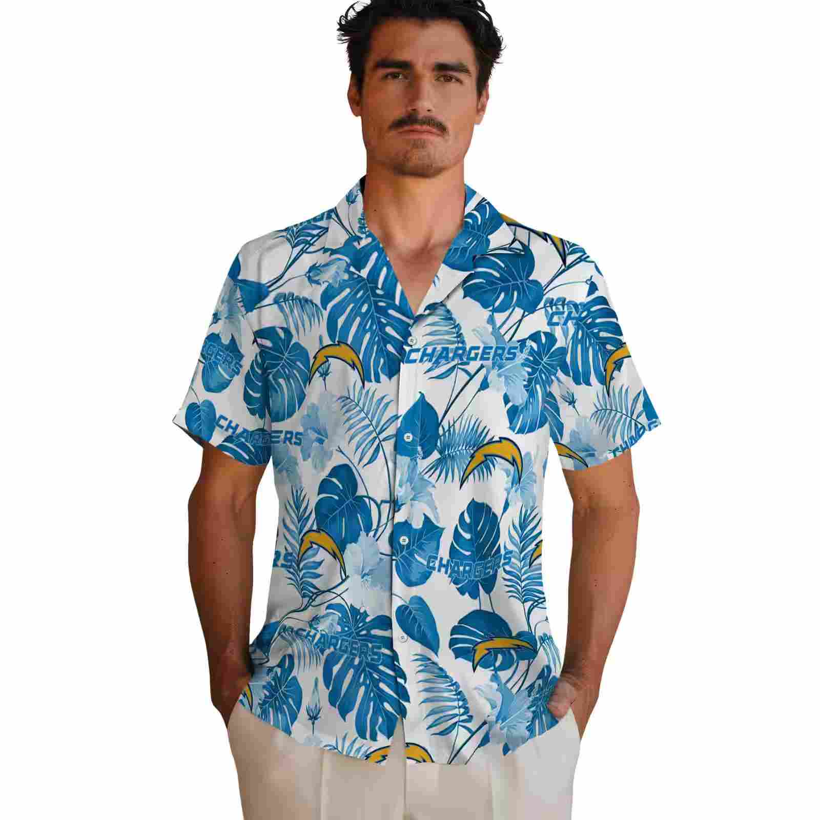 los angeles chargers tropical plants blue white hawaiian shirt fashion forward