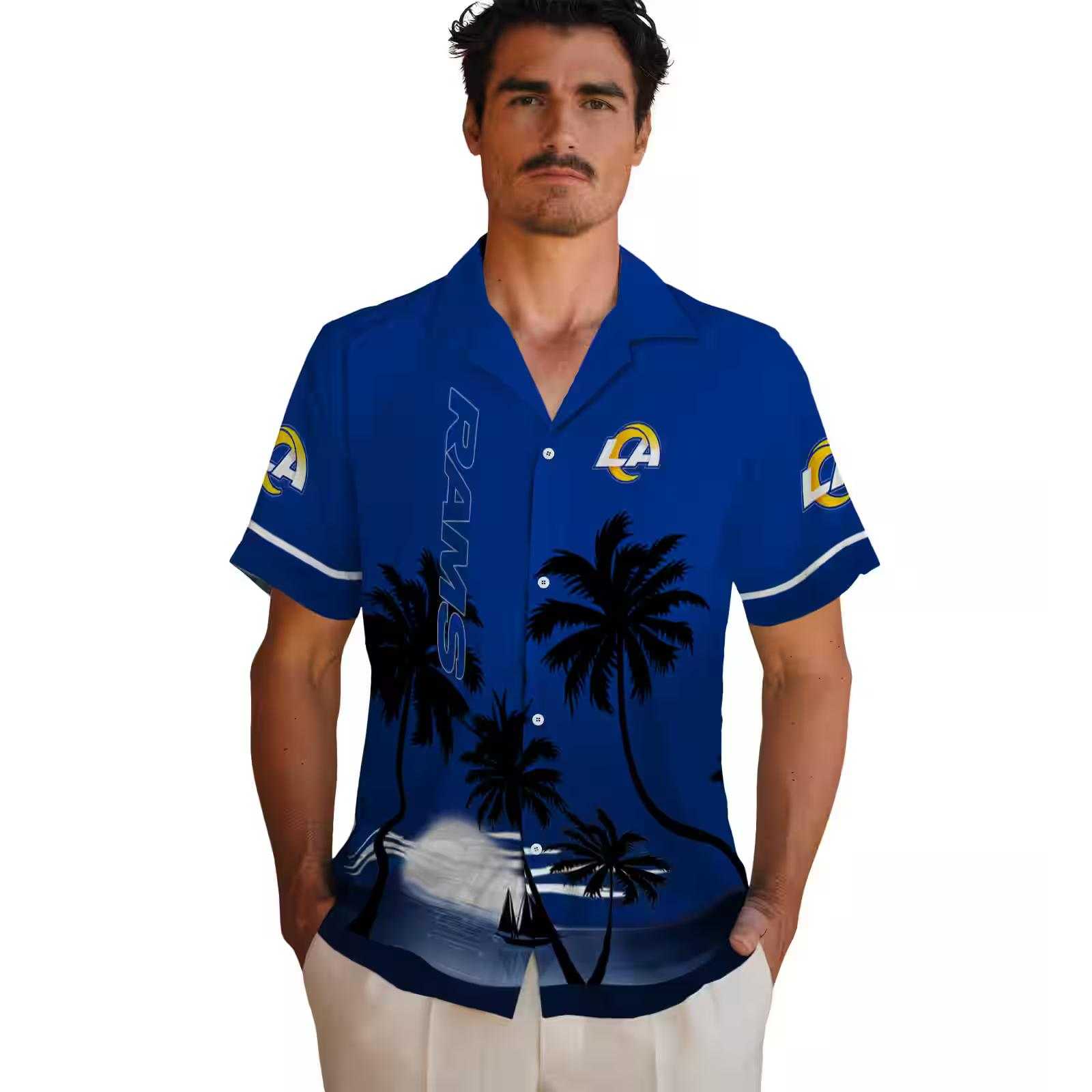 los angeles rams beach sunset blue black hawaiian shirt fashion forward