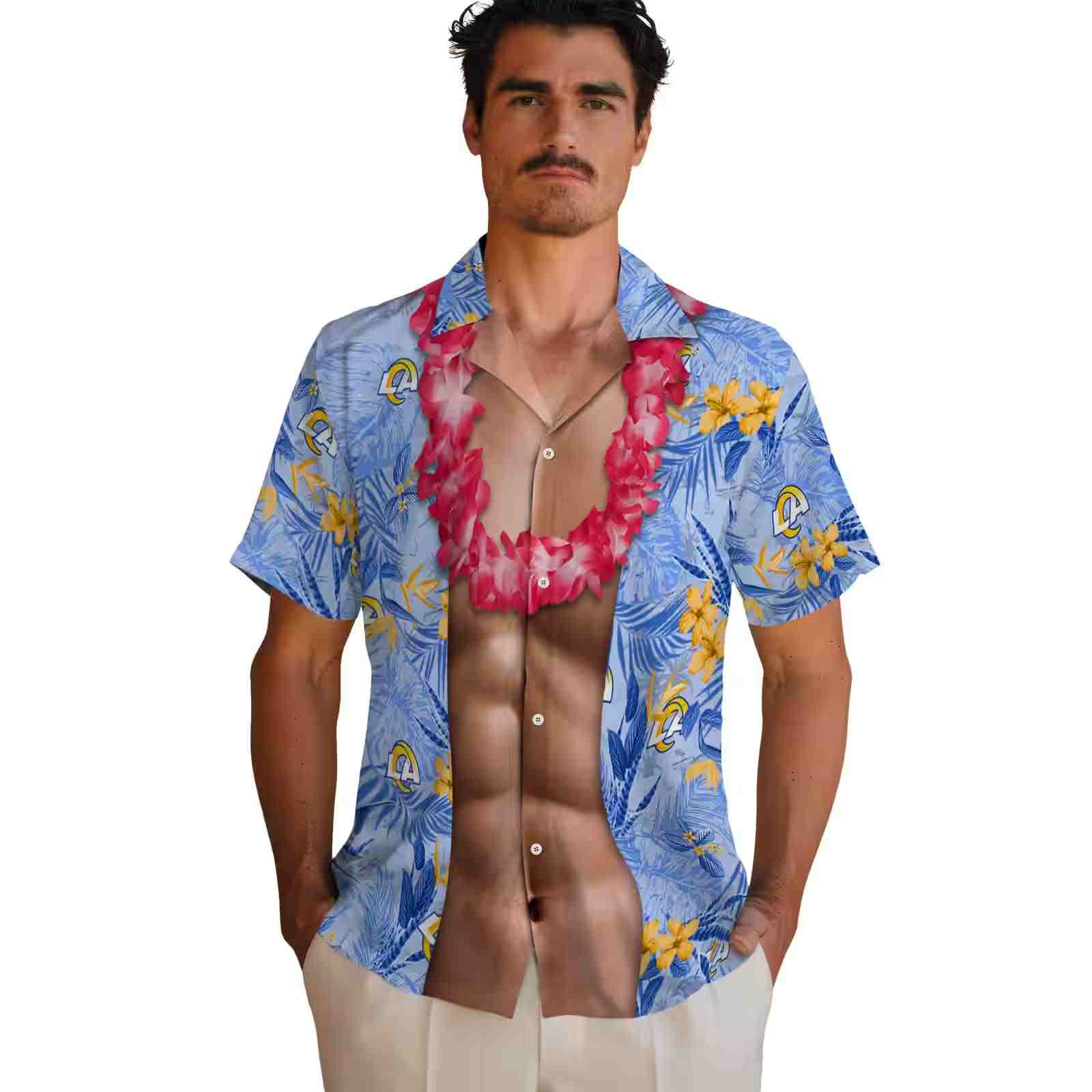 los angeles rams chest illusion blue hawaiian shirt fashion forward