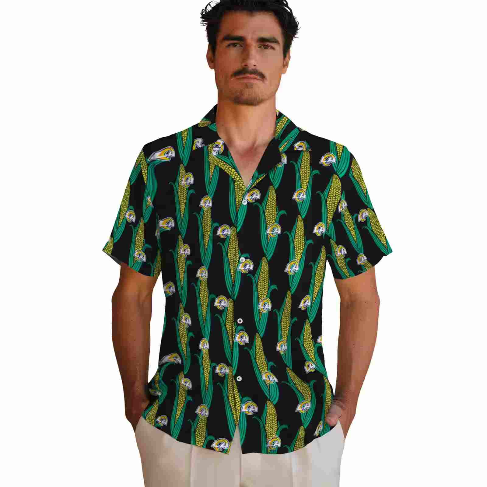 los angeles rams corn motifs black green hawaiian shirt fashion forward