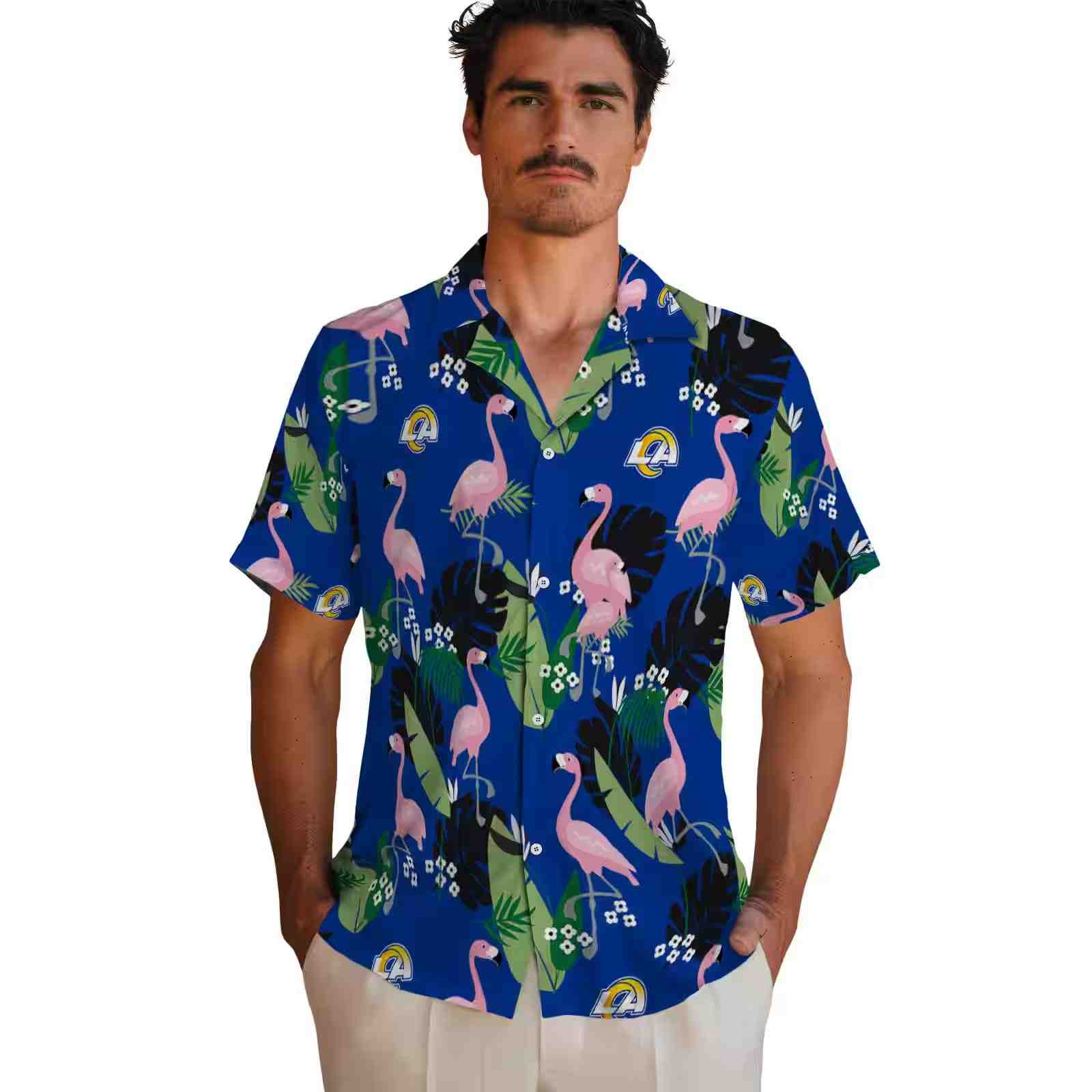 los angeles rams flamingo leaf motif blue hawaiian shirt fashion forward