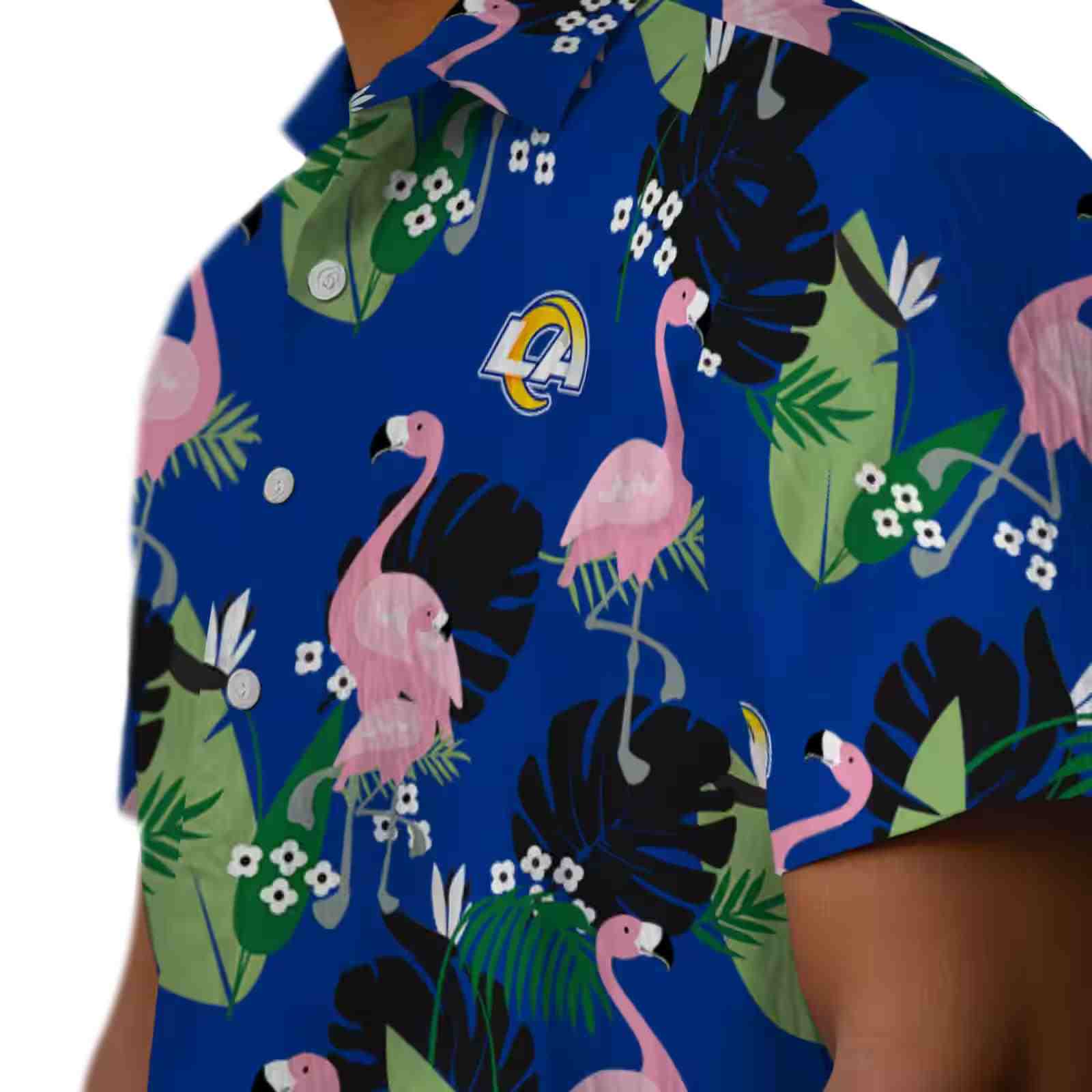 los angeles rams flamingo leaf motif blue hawaiian shirt trendy