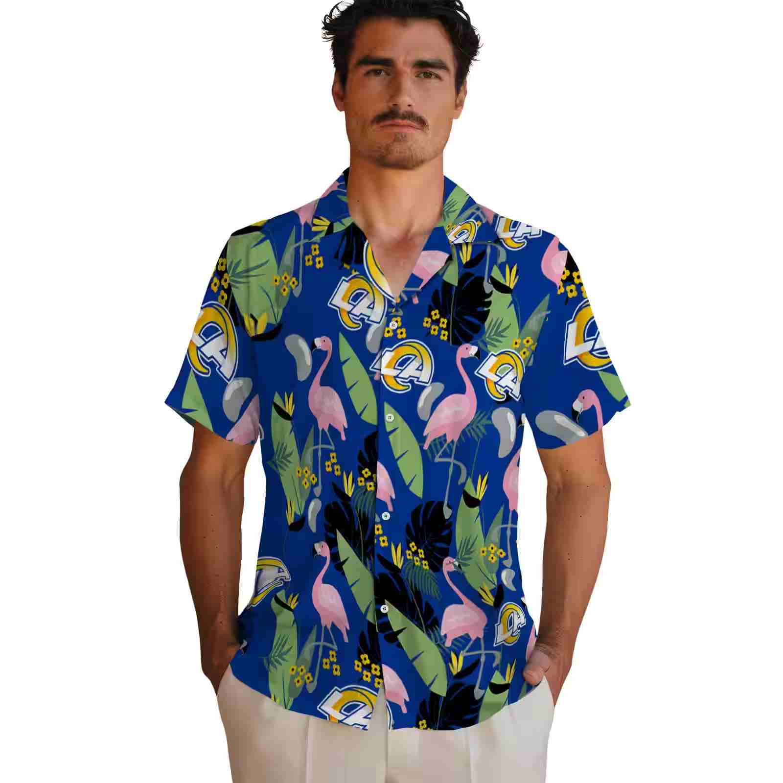 los angeles rams flamingo leaves blue hawaiian shirt fashion forward