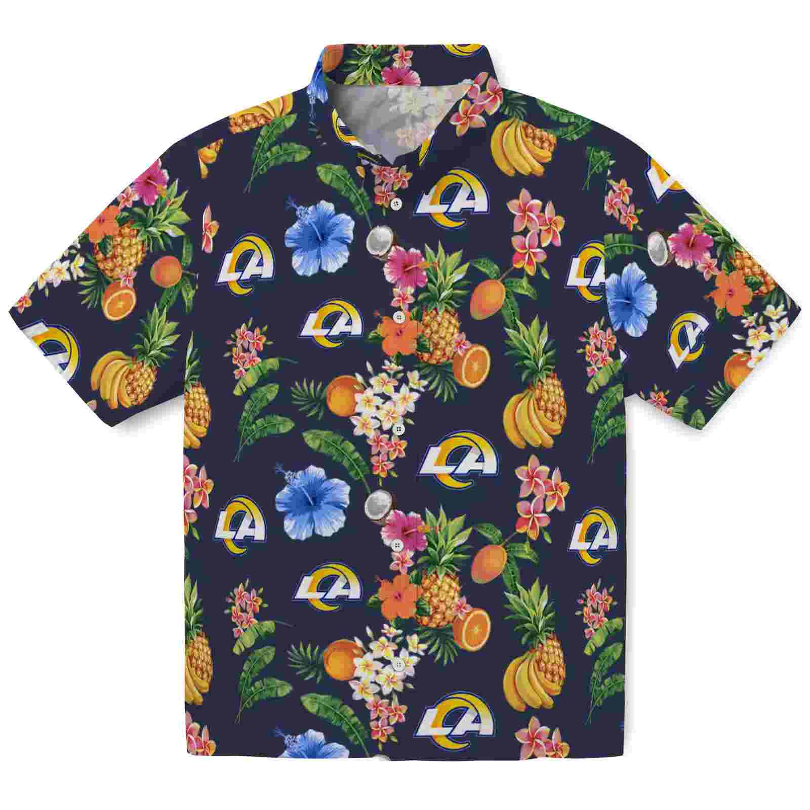 Los Angeles Rams Hibiscus And Fruit Navy Blue Hawaiian Shirt