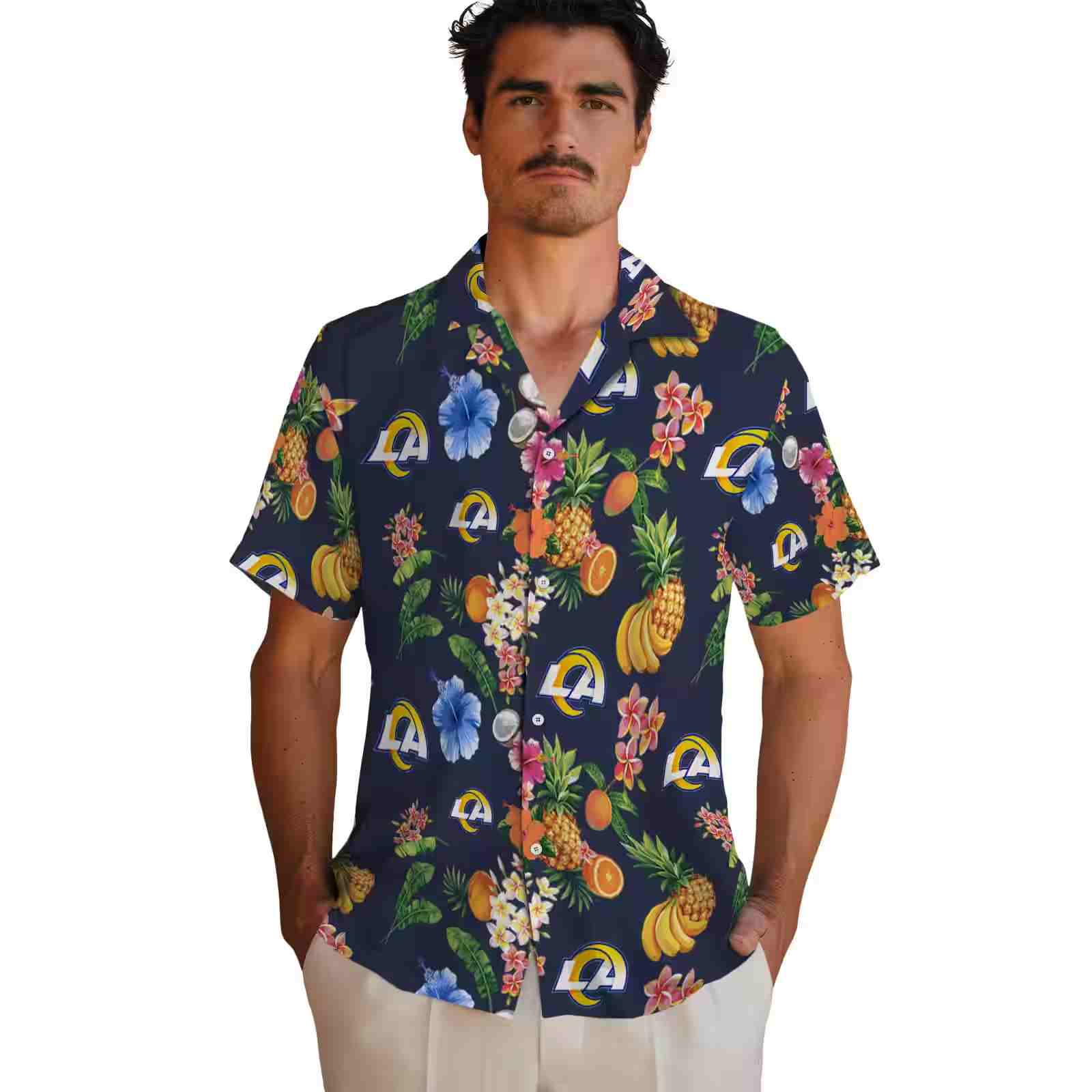 los angeles rams hibiscus and fruit navy blue hawaiian shirt fashion forward