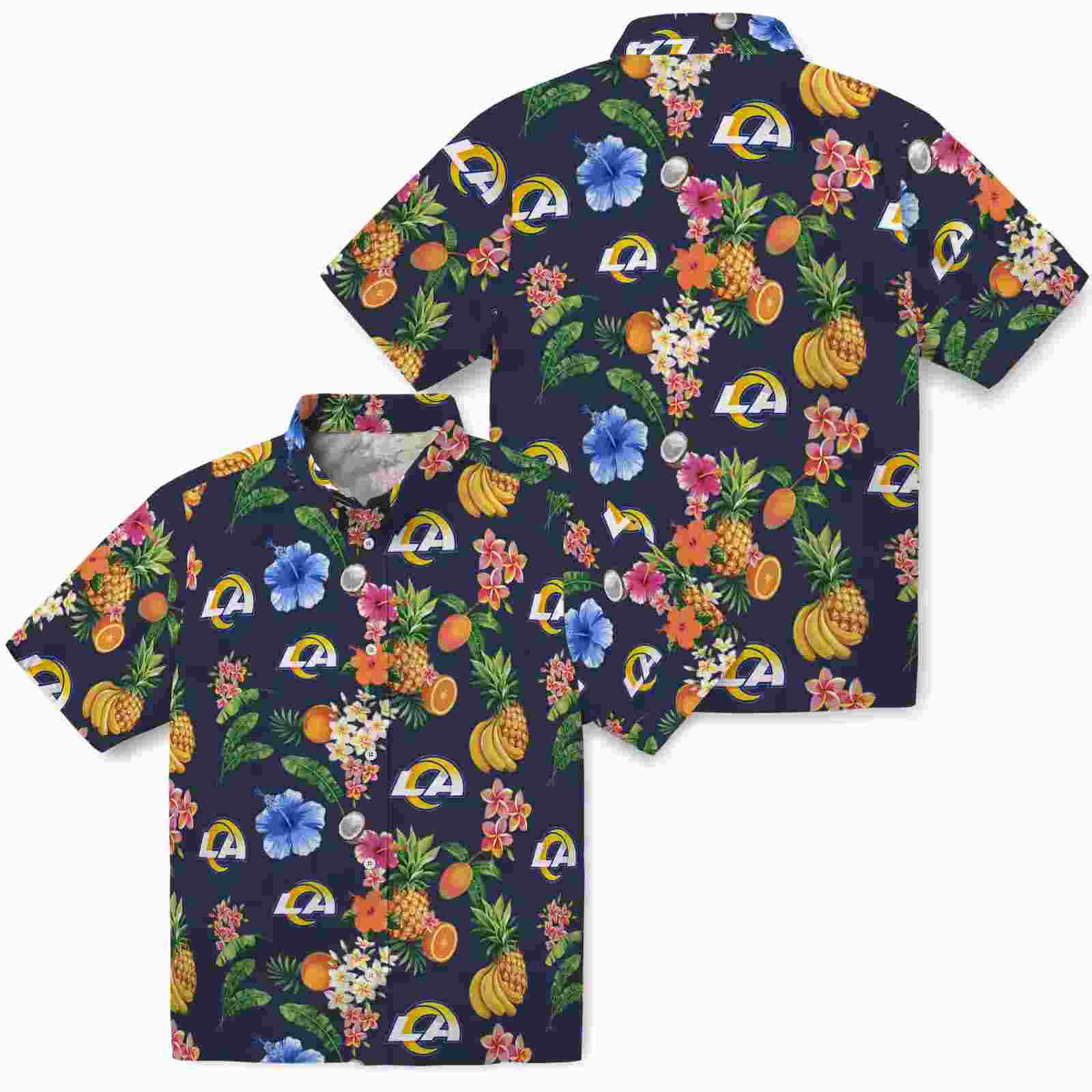 los angeles rams hibiscus and fruit navy blue hawaiian shirt high quality