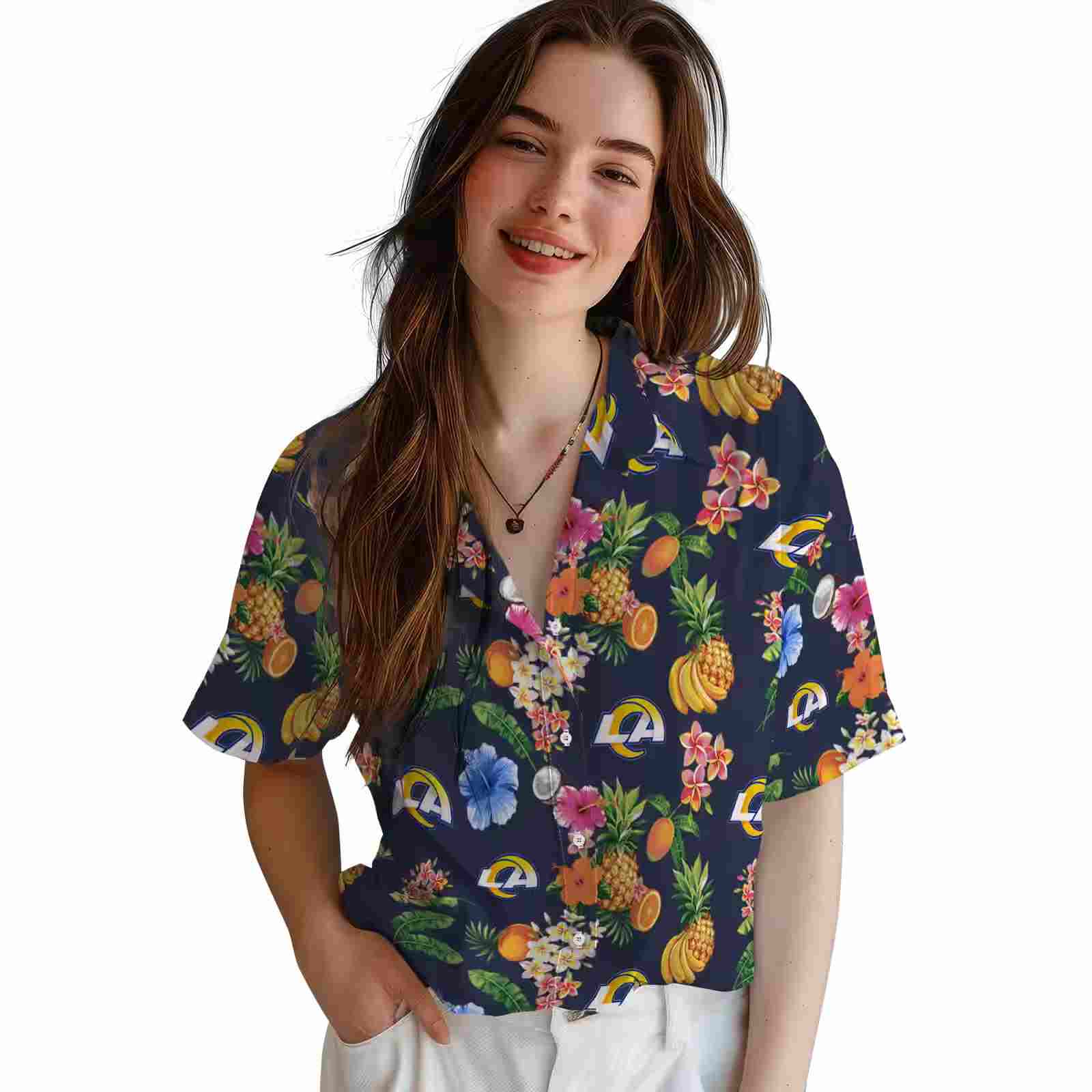 los angeles rams hibiscus and fruit navy blue hawaiian shirt latest model