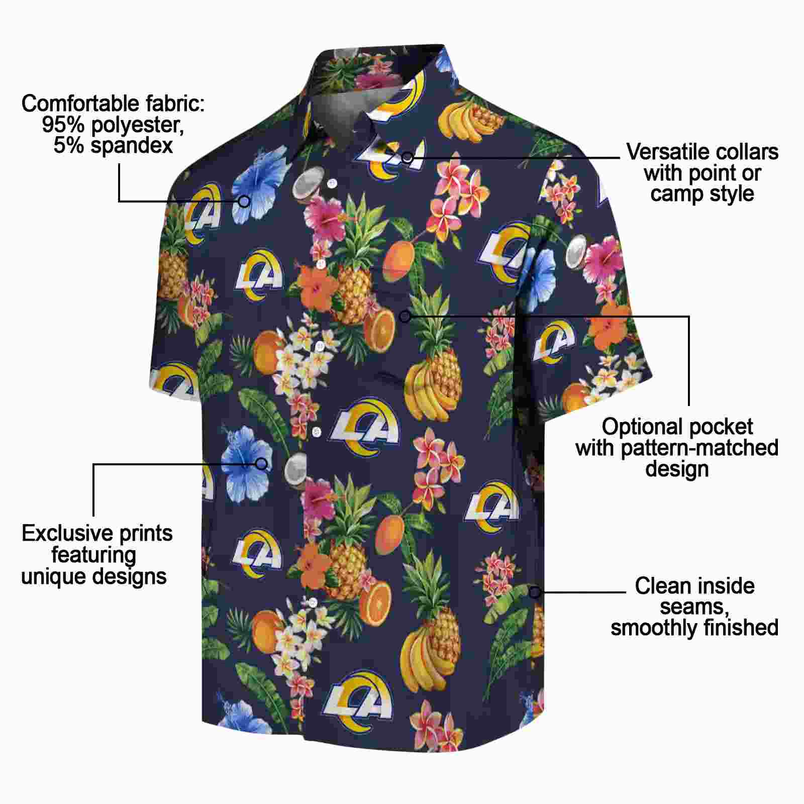 los angeles rams hibiscus and fruit navy blue hawaiian shirt new arrival