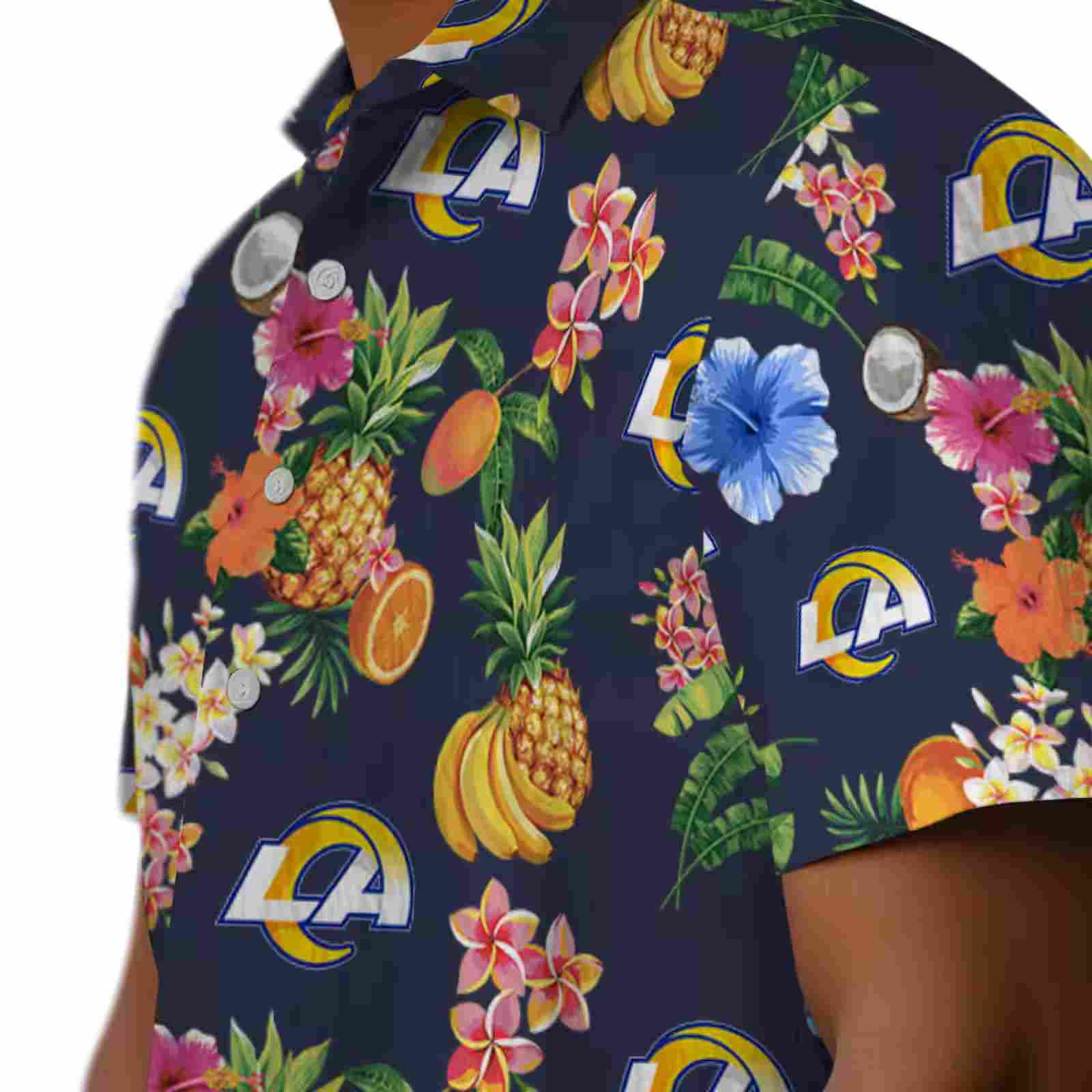 los angeles rams hibiscus and fruit navy blue hawaiian shirt trendy