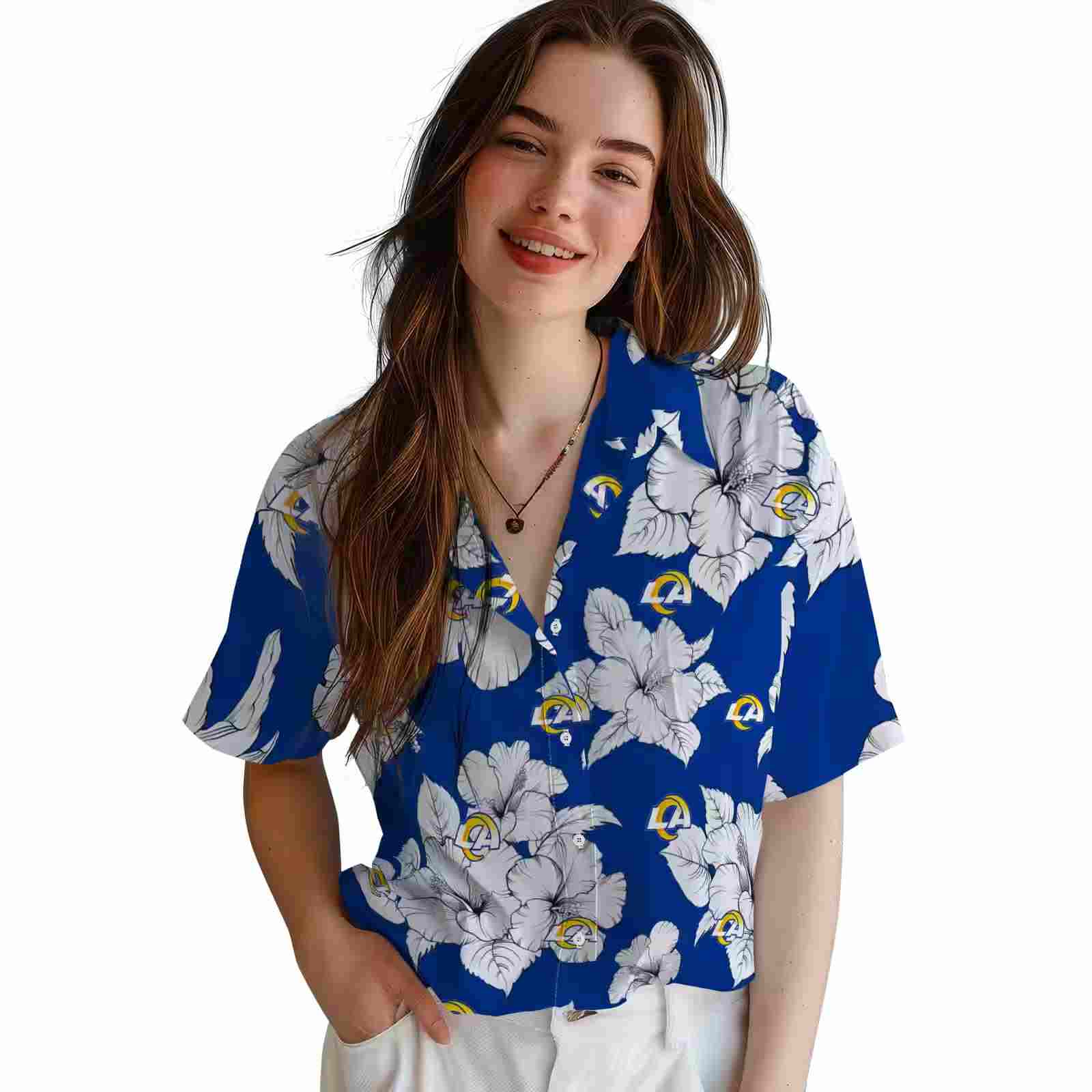 los angeles rams hibiscus blooms blue white hawaiian shirt latest model