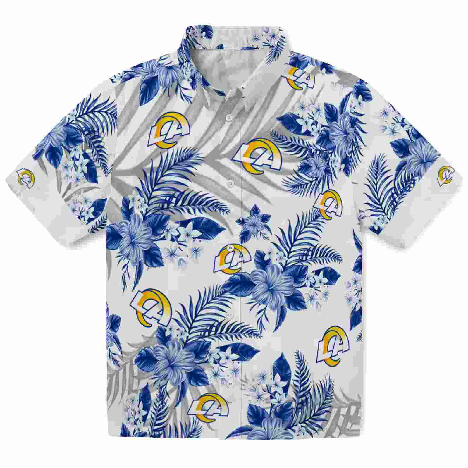 los angeles rams hibiscus palm leaves blue white hawaiian shirt best selling