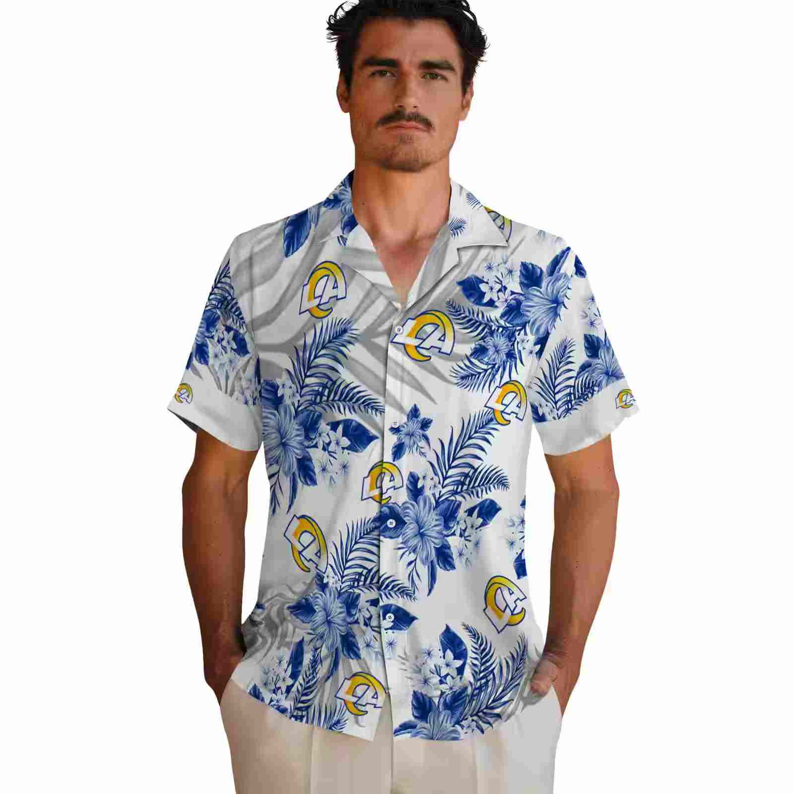 los angeles rams hibiscus palm leaves blue white hawaiian shirt fashion forward