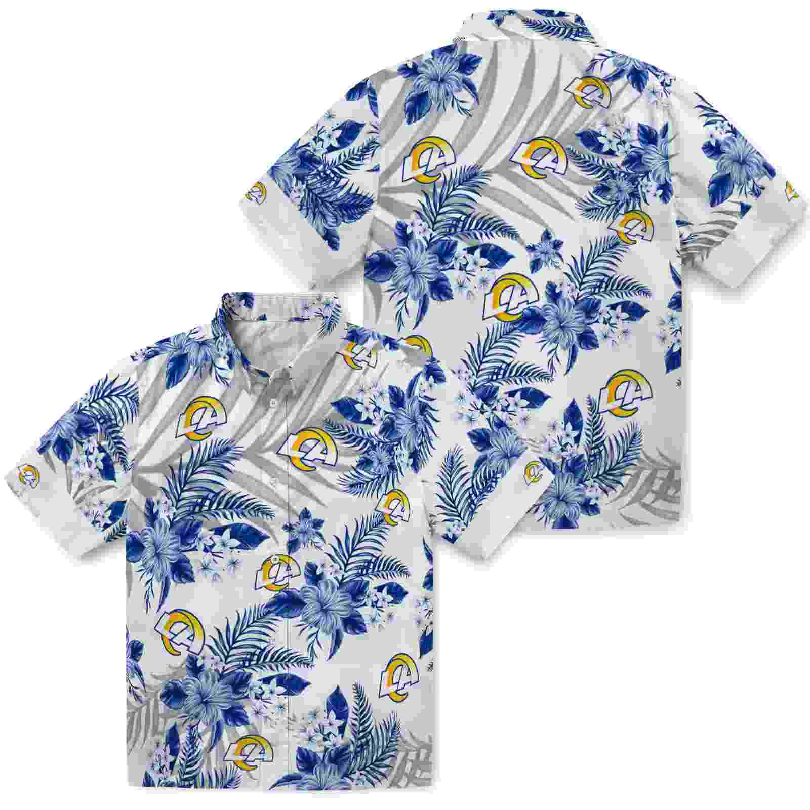 los angeles rams hibiscus palm leaves blue white hawaiian shirt high quality