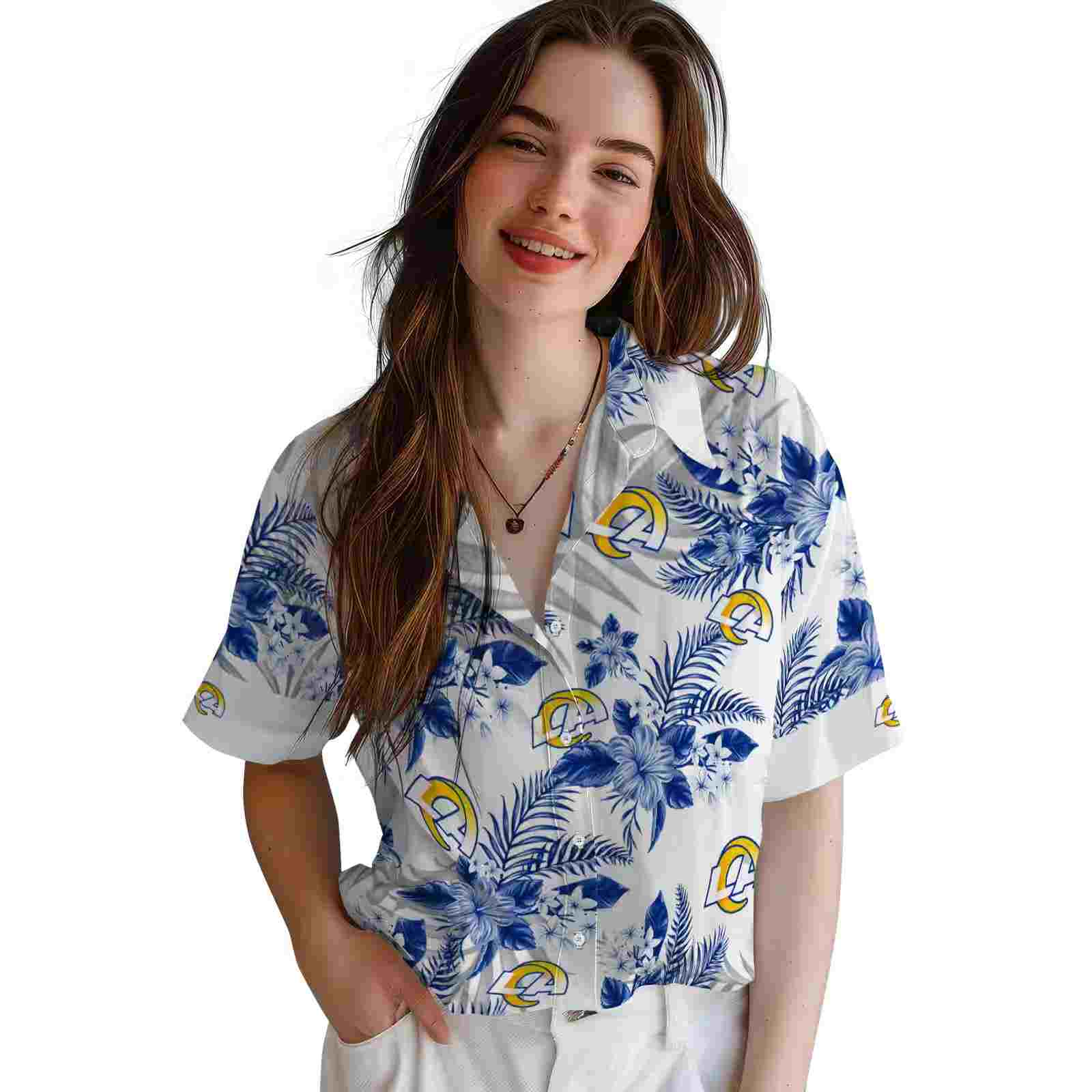 los angeles rams hibiscus palm leaves blue white hawaiian shirt latest model